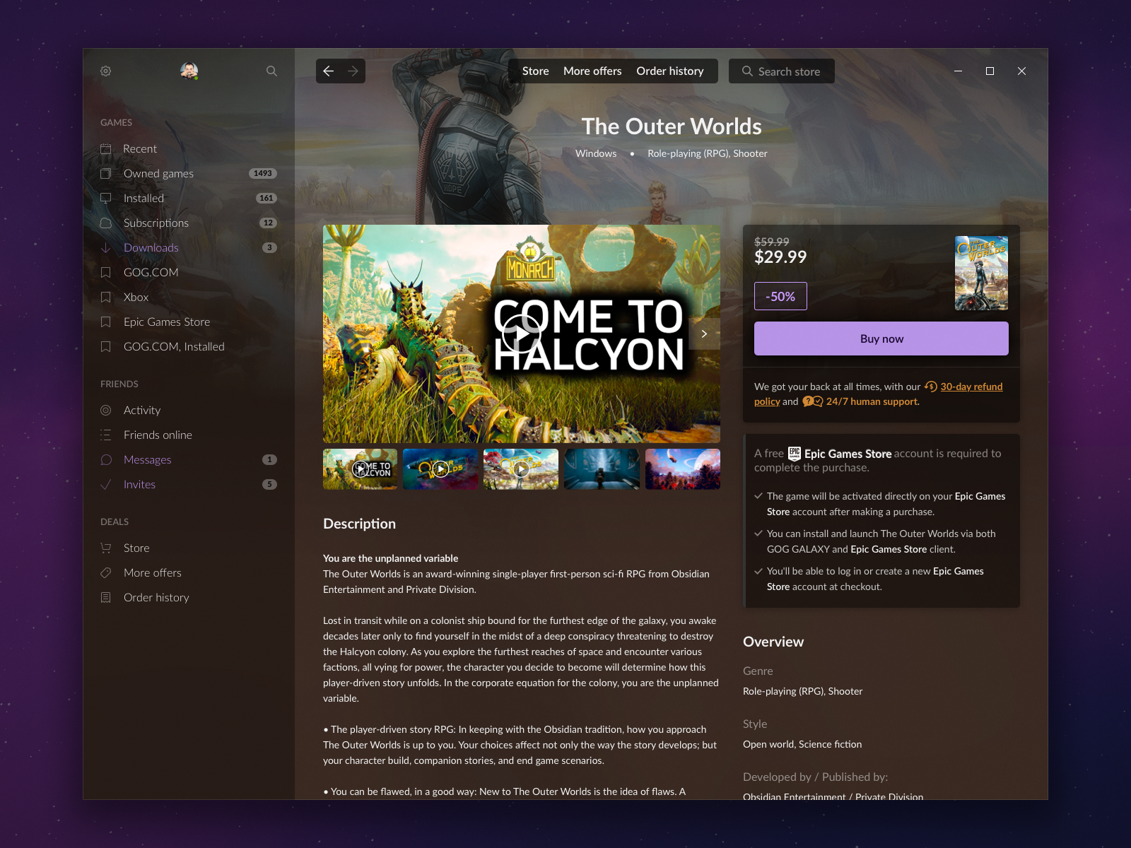 The Outer Worlds game page in GOG GALAXY STORE in GOG GALAXY launcher