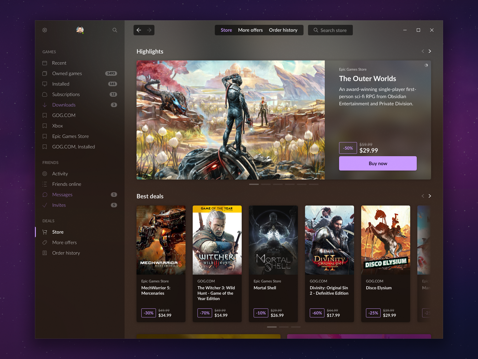 Front Page of the GOG GALAXY STORE in GOG GALAXY launcher
