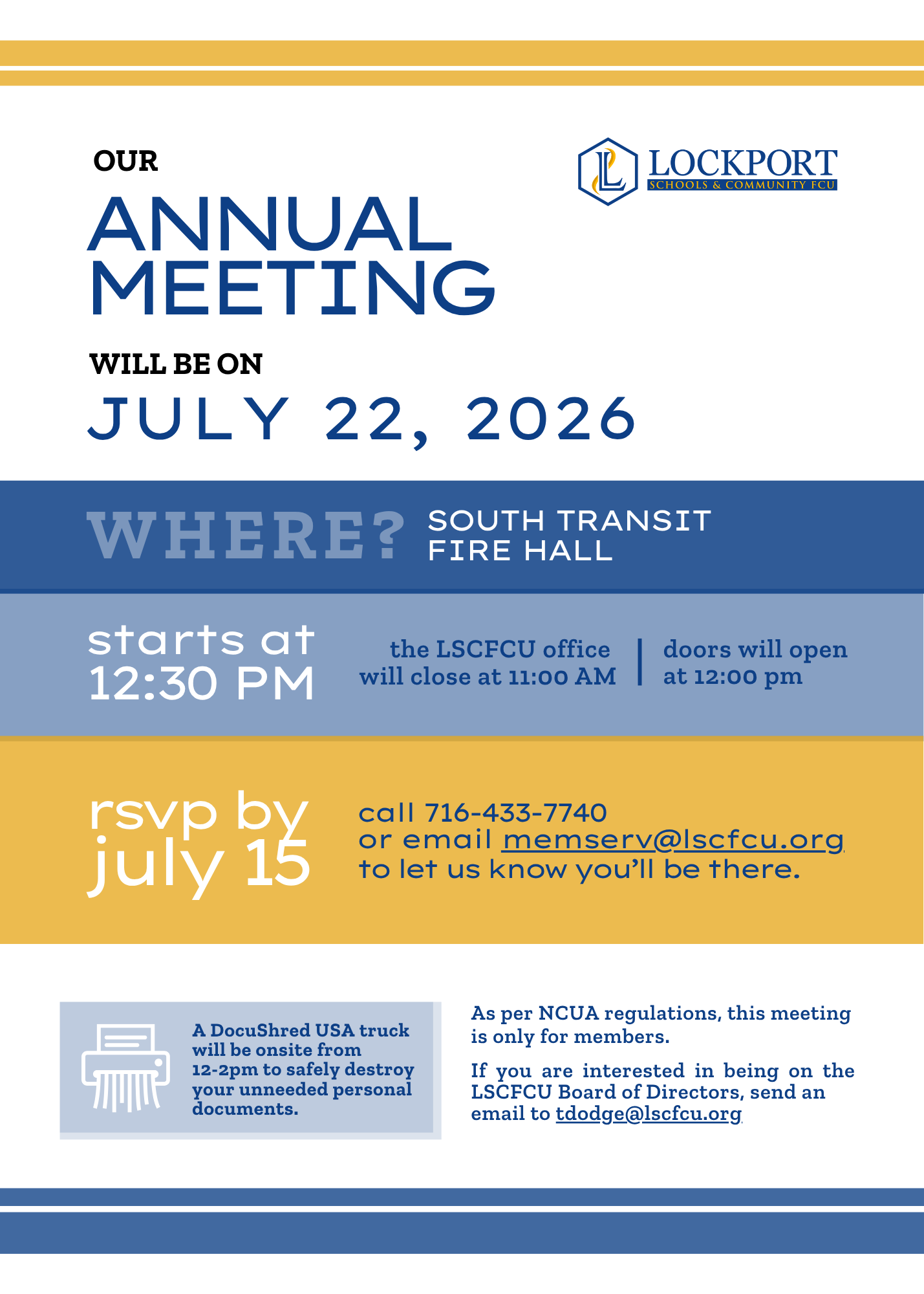 Annual meeting flyer for Lockport Schools & Community Federal Credit Union, 2026.