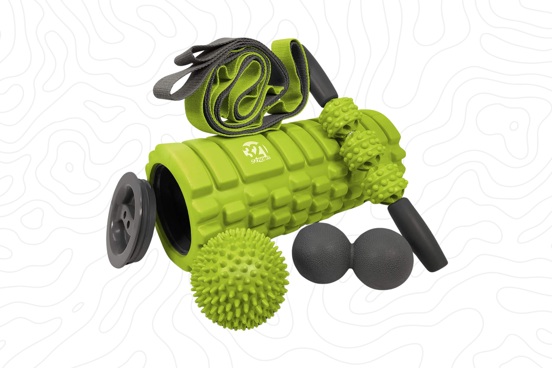 A 5-in-1 foam roller set featuring a bright green textured foam roller with a charcoal cap lid, a charcoal and bright green resistance band with handles, a charcoal double lacrosse peanut, and a bright green spiky massage ball.