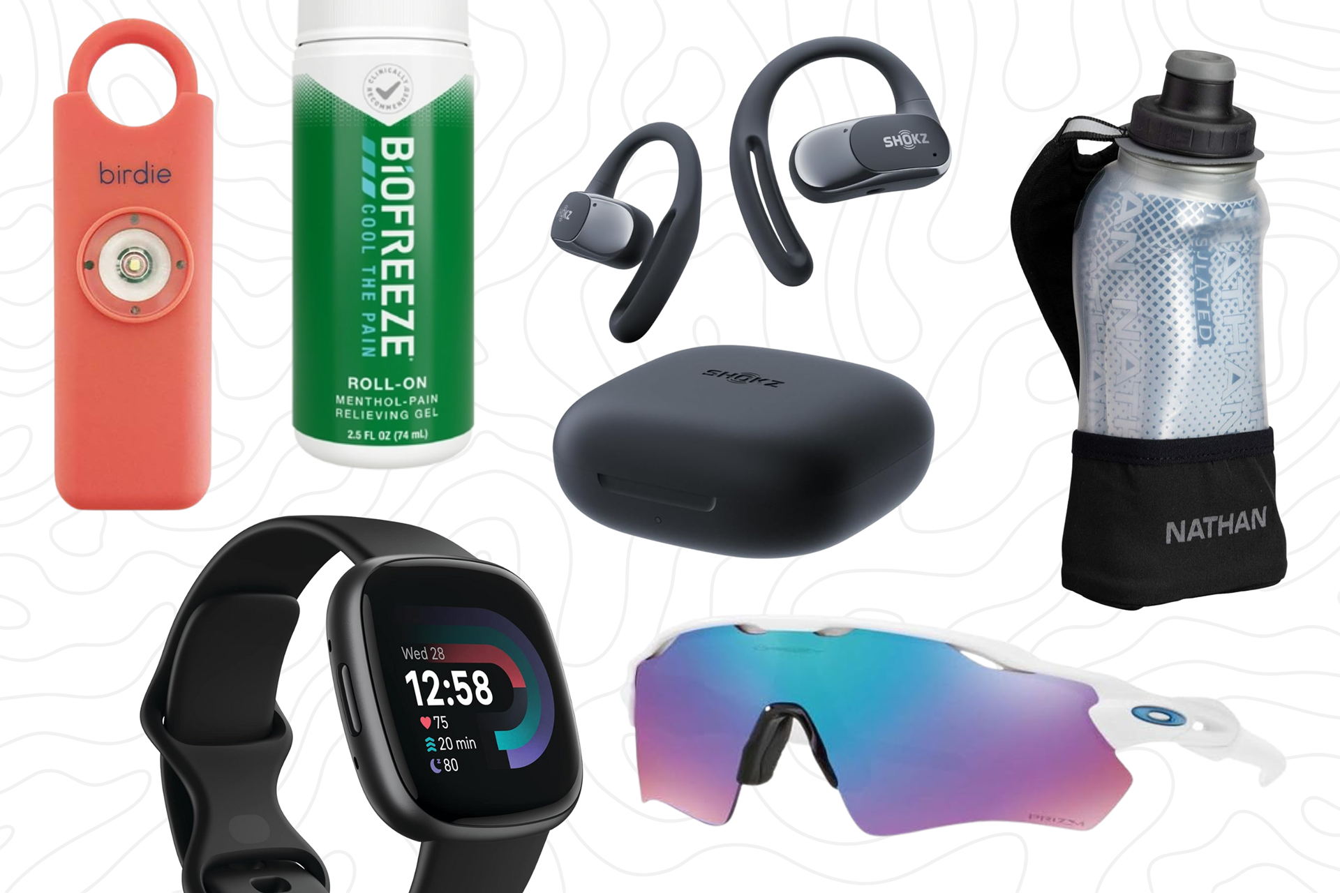 Biofreeze roll on pain relief, Birdie personal alarm, Fitbit fitness tracker watch, Shokz open ear headphones, Oakley sunglasses with blue-purple-pink lenses, Nathan handheld water bottle with strap
