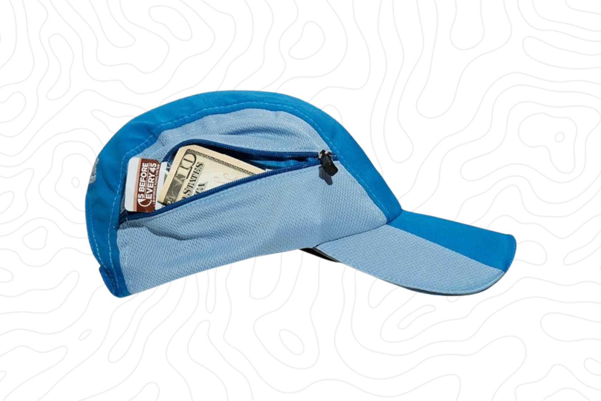 Blue baseball cap with light blue sides and pocket with black zipper on the side holding $10 USD cash and gel