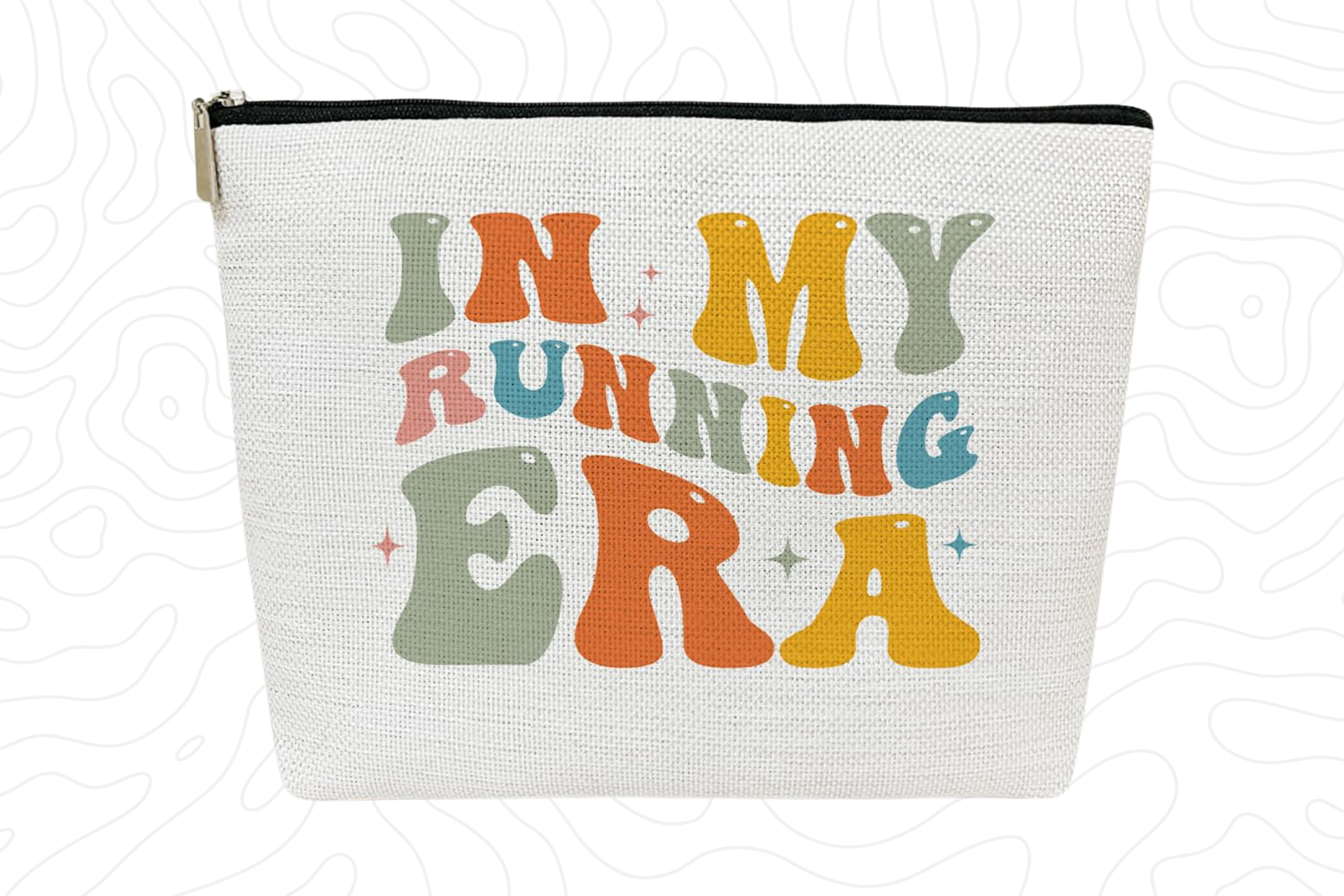 Biege zipped pouch with text “in my running era” in muted green, orange, yellow, salmon, and teal with sparkles printed. Zipper is black with silver pull tab.