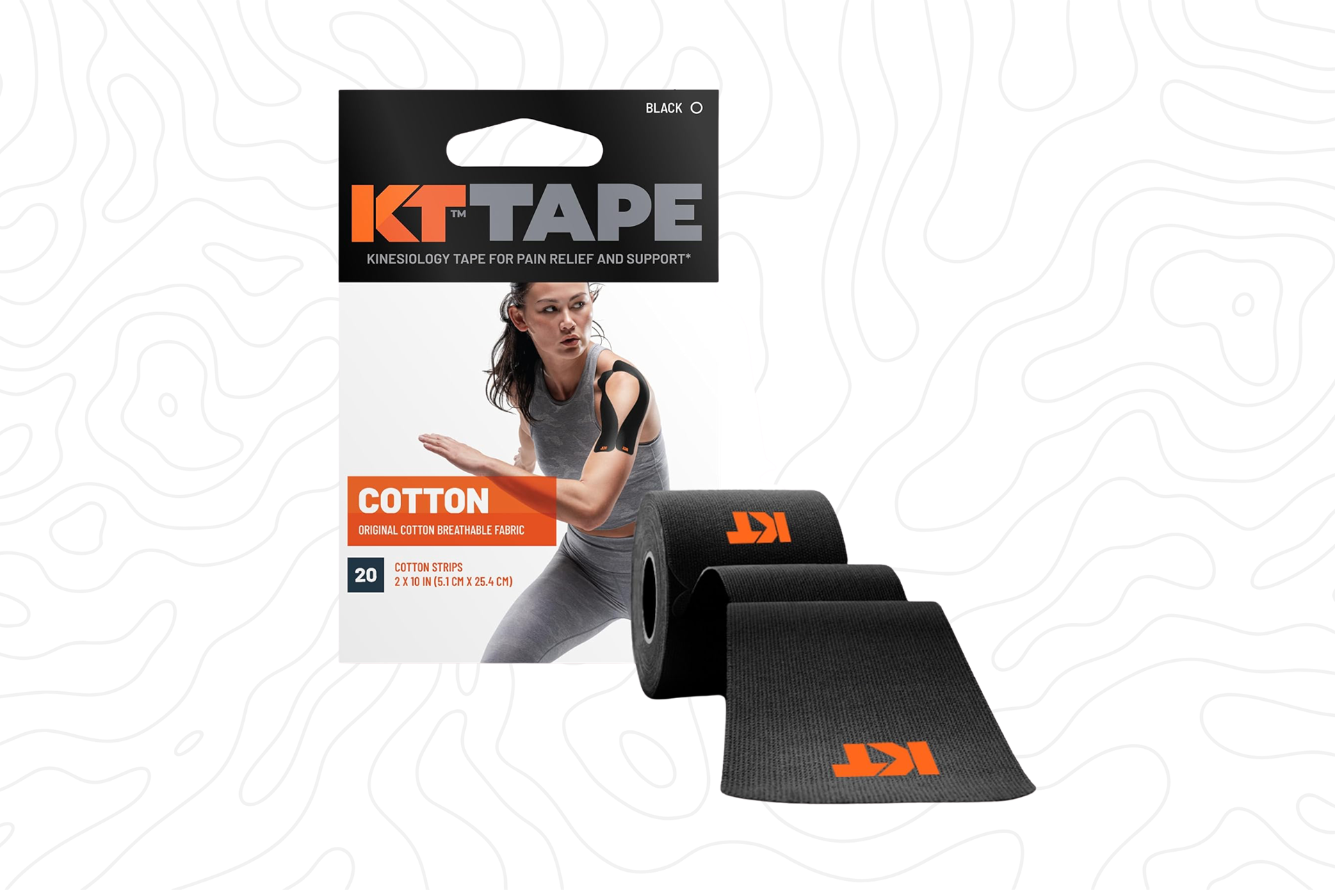A roll of black KT Tape and its packaging, featuring an image of a woman with tape applied to her shoulder.