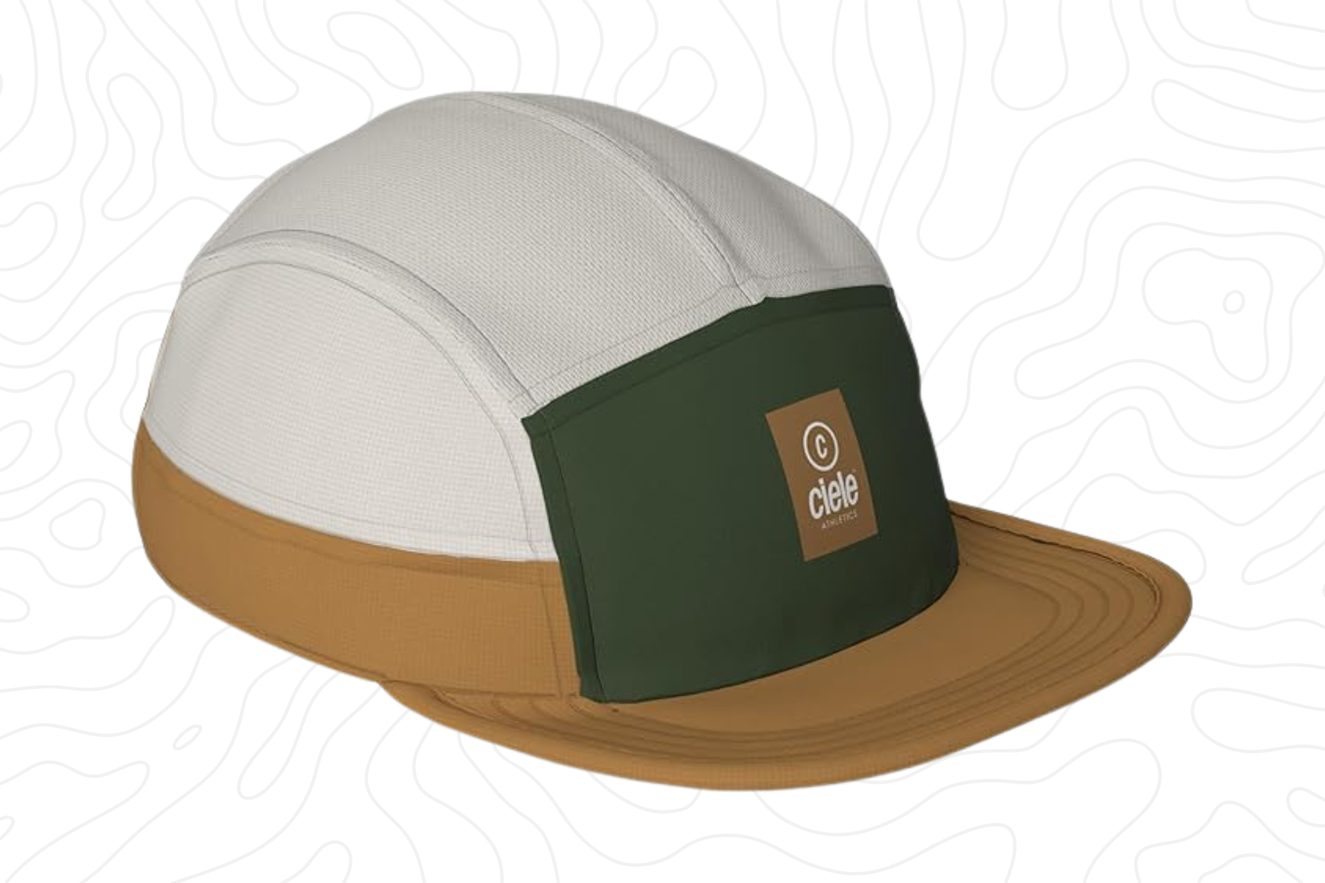 Running cap with white, tan, and green colorblock design featuring Ciele Athletics logo in the center