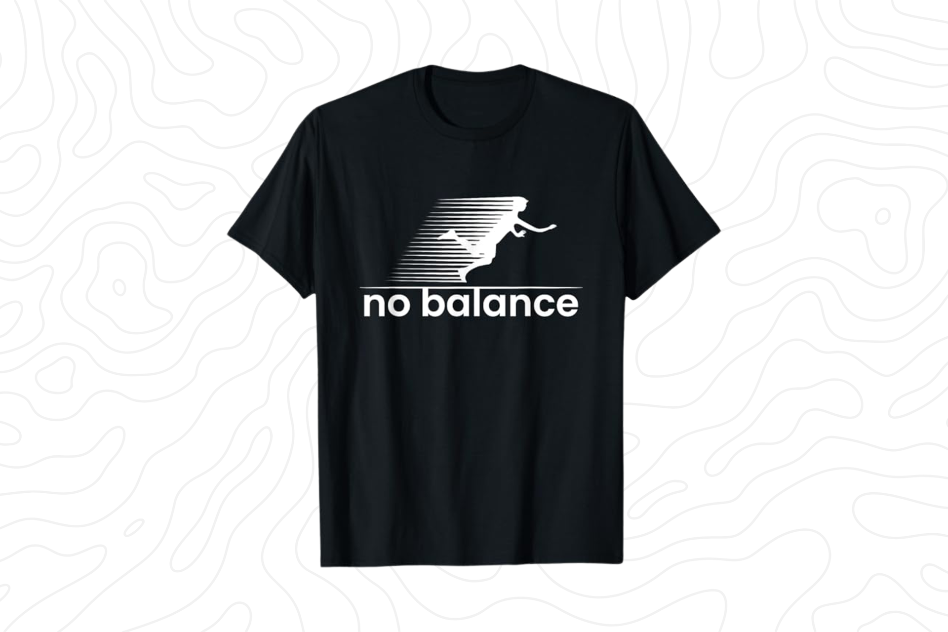 Black tee with white design showing the text “no balance” and a graphic of a runner tripping