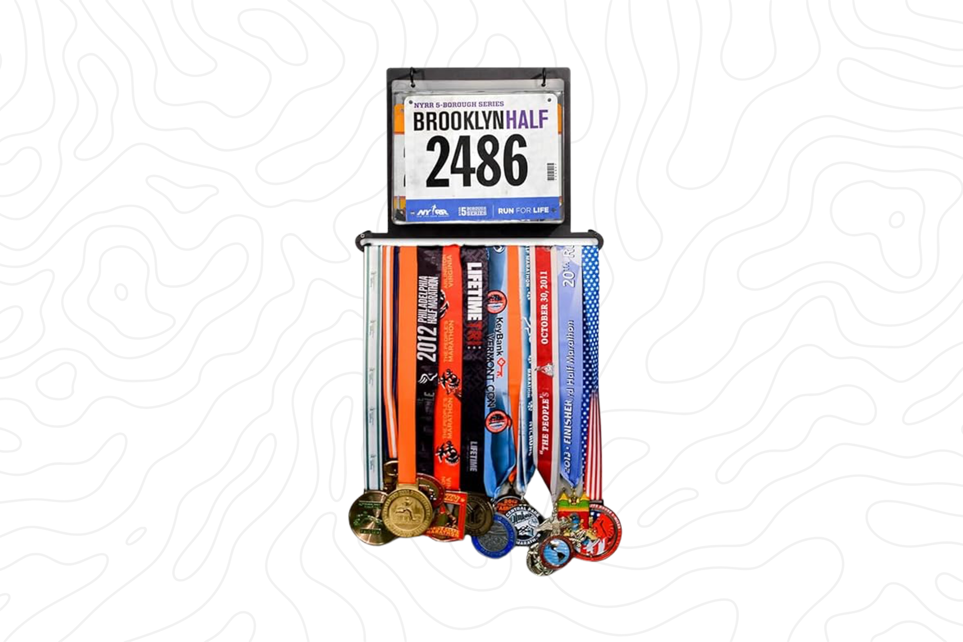 Black wall-mounted metal display hanger for running bibs and race medals with clear pocket sheets for bibs on top and a bar to slide medals to for hanging