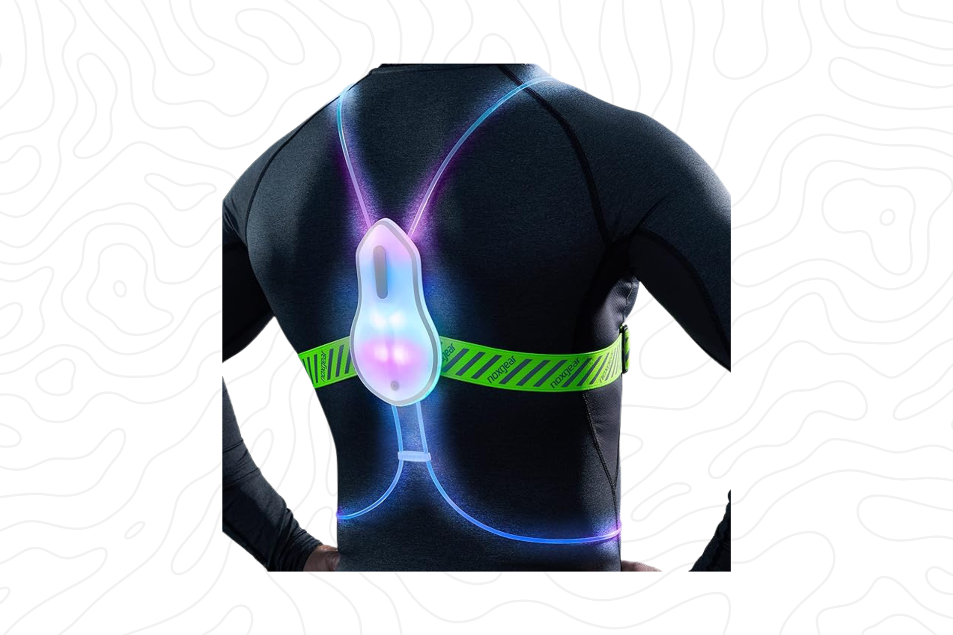 Back view of person wearing an LED light visibility vest made of flexible fiber optic cables that are lit in a rainbow of colors
