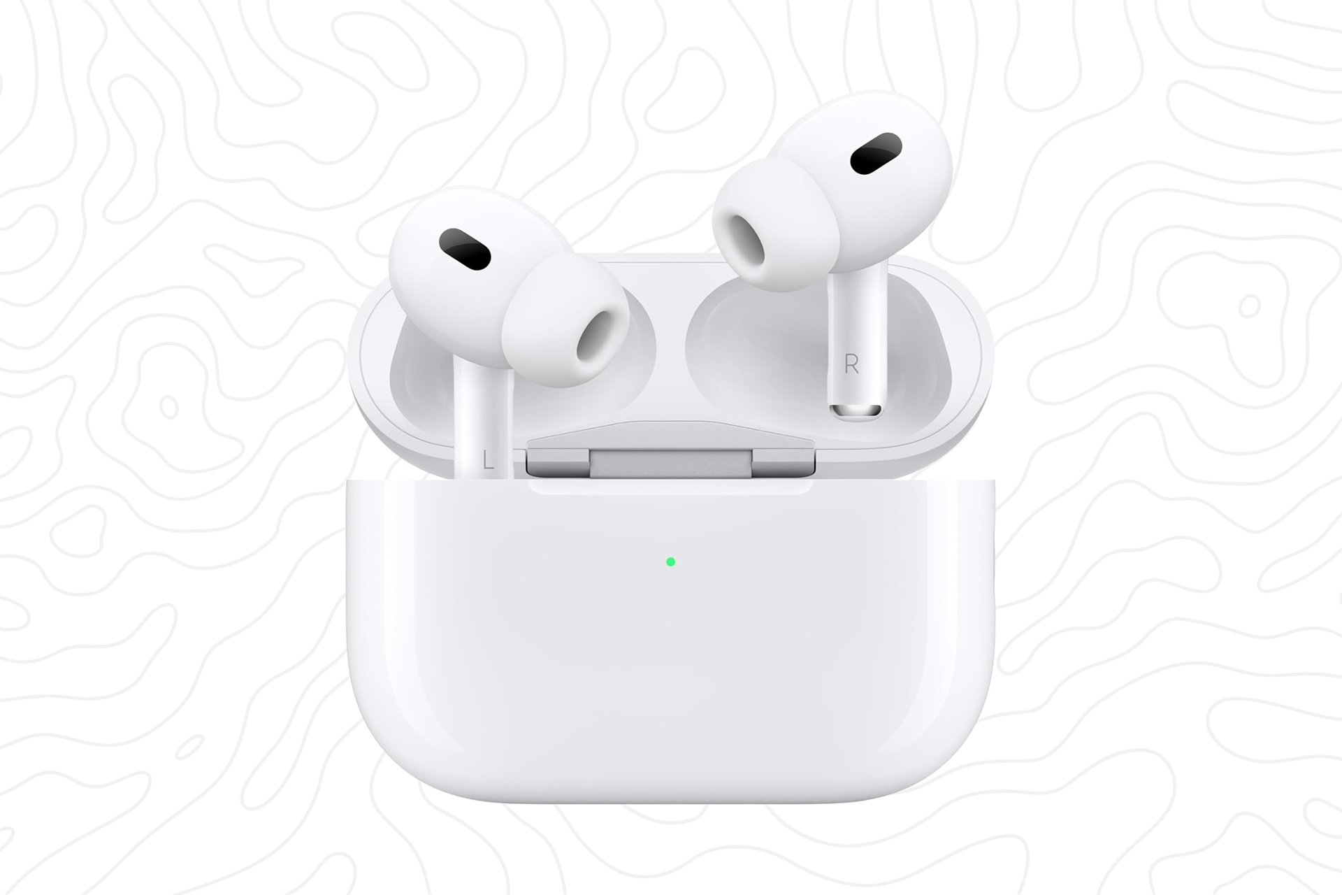White AirPods Pro 2 wireless bluetooth earbuds in white charging case