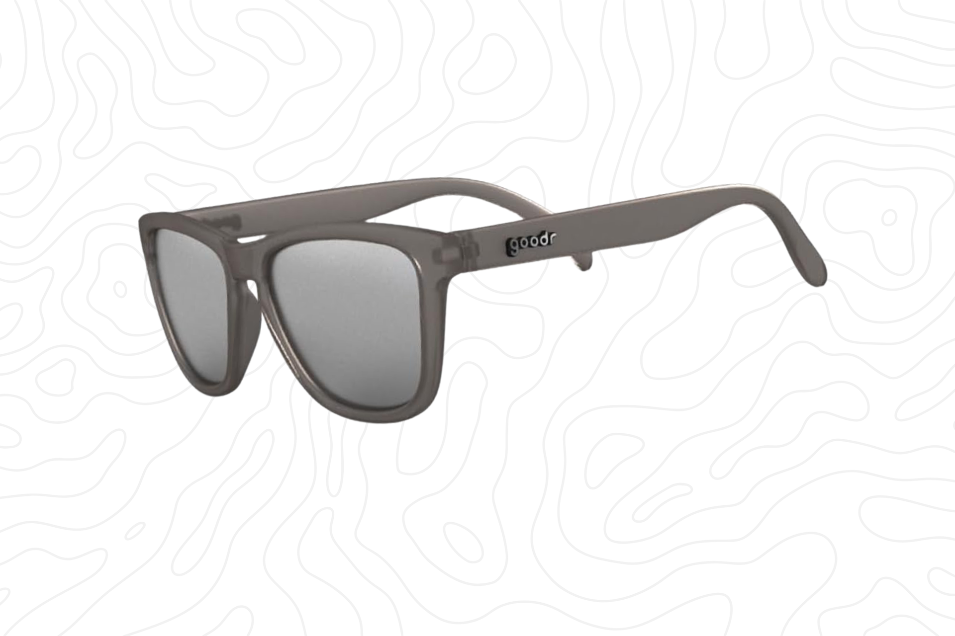 Grey wayfarer-style sunglasses with grey polarized lenses with the goodr logo on the temples