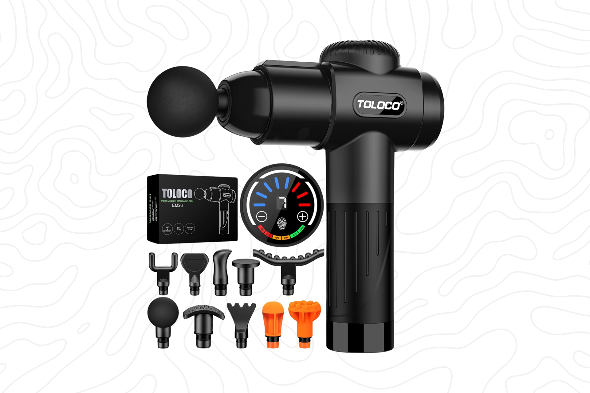 A black massage gun with a digital display and various interchangeable heads.