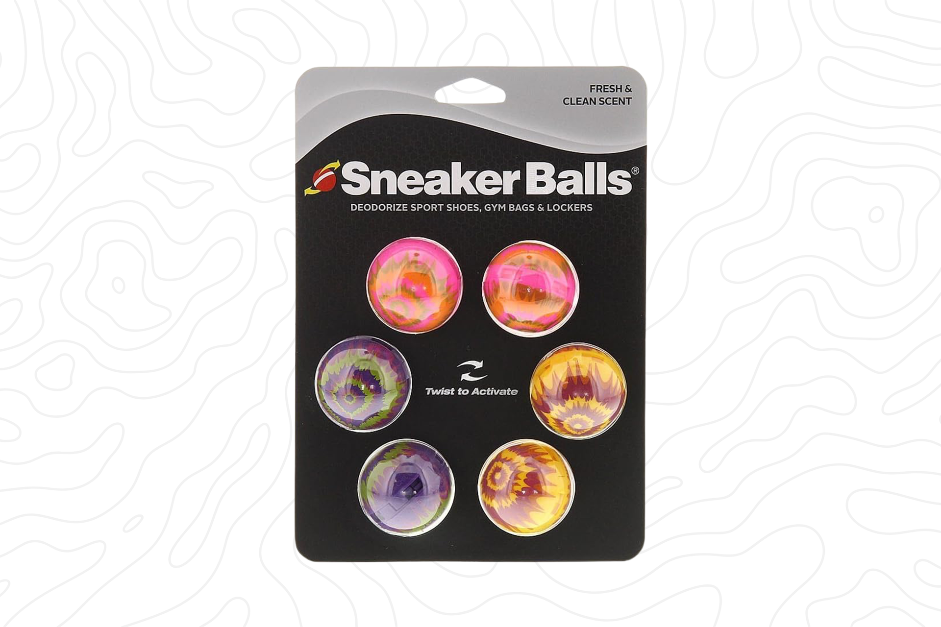 Pack of 6 sneaker deodorizer balls in various tie dye colors