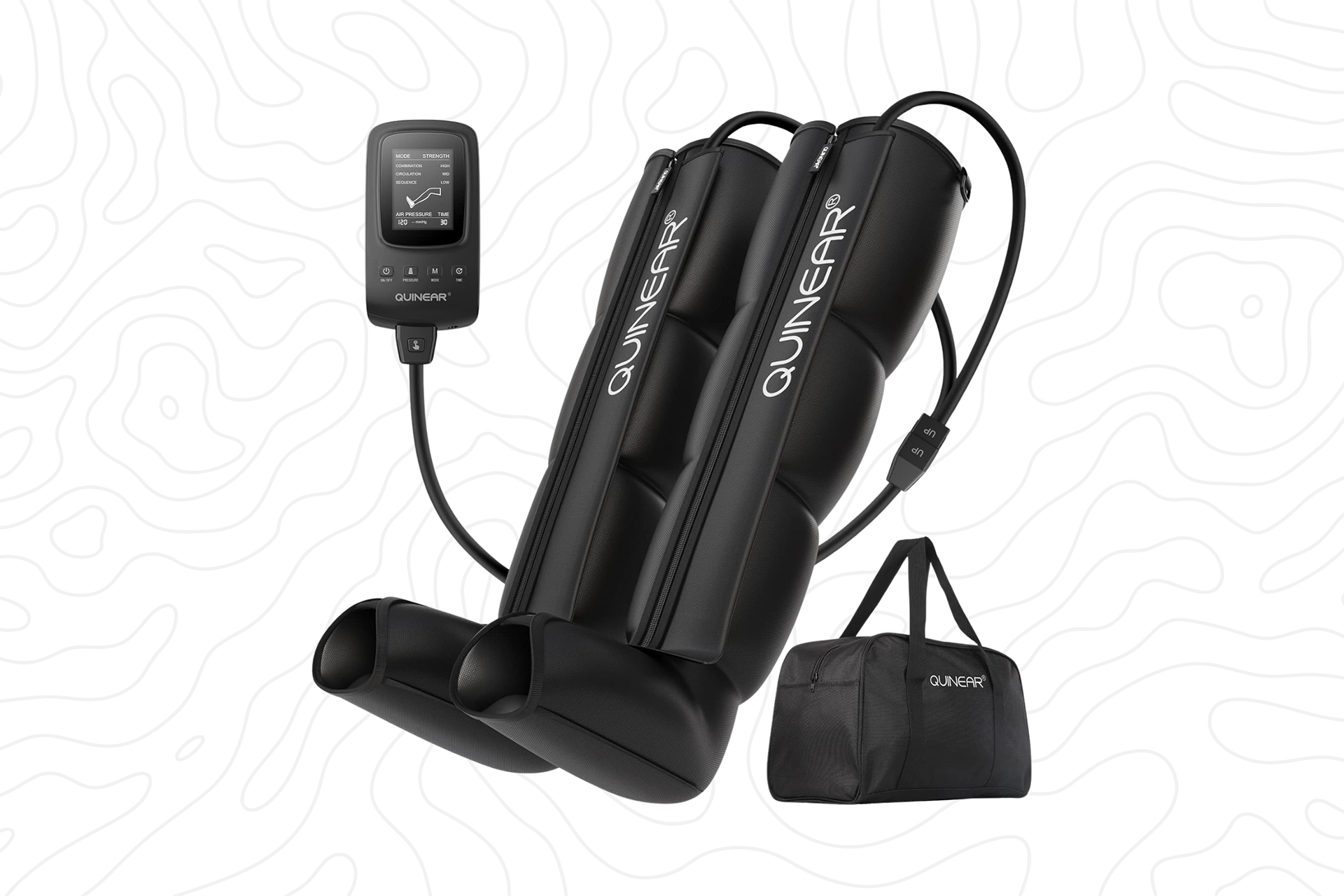 A pair of black compression recovery boots with an attached digital control unit. A carrying bag is included for portability.