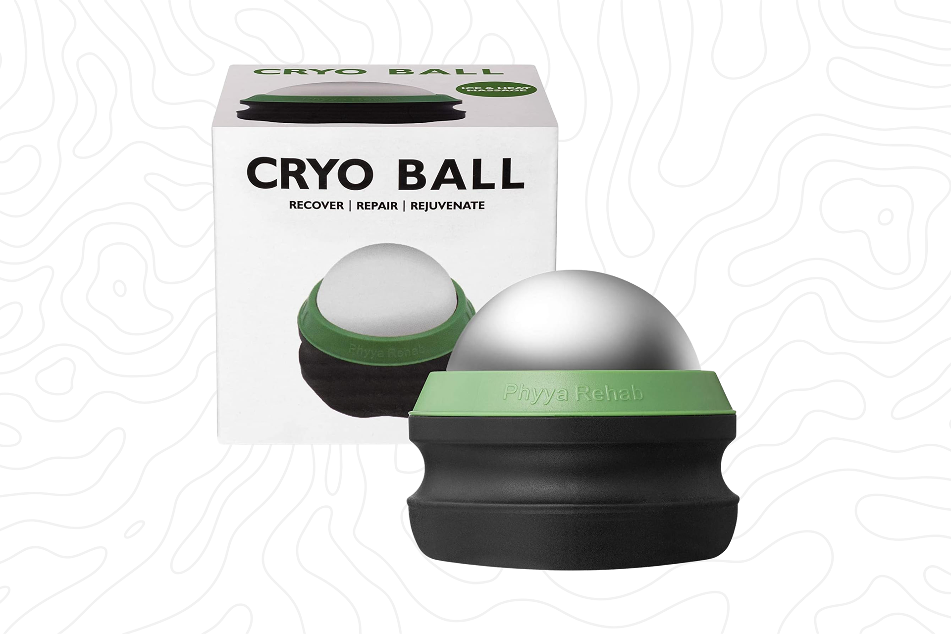 A stainless steel ball in a green and black rubber base with grooves for handling, displayed in front of its white product box.