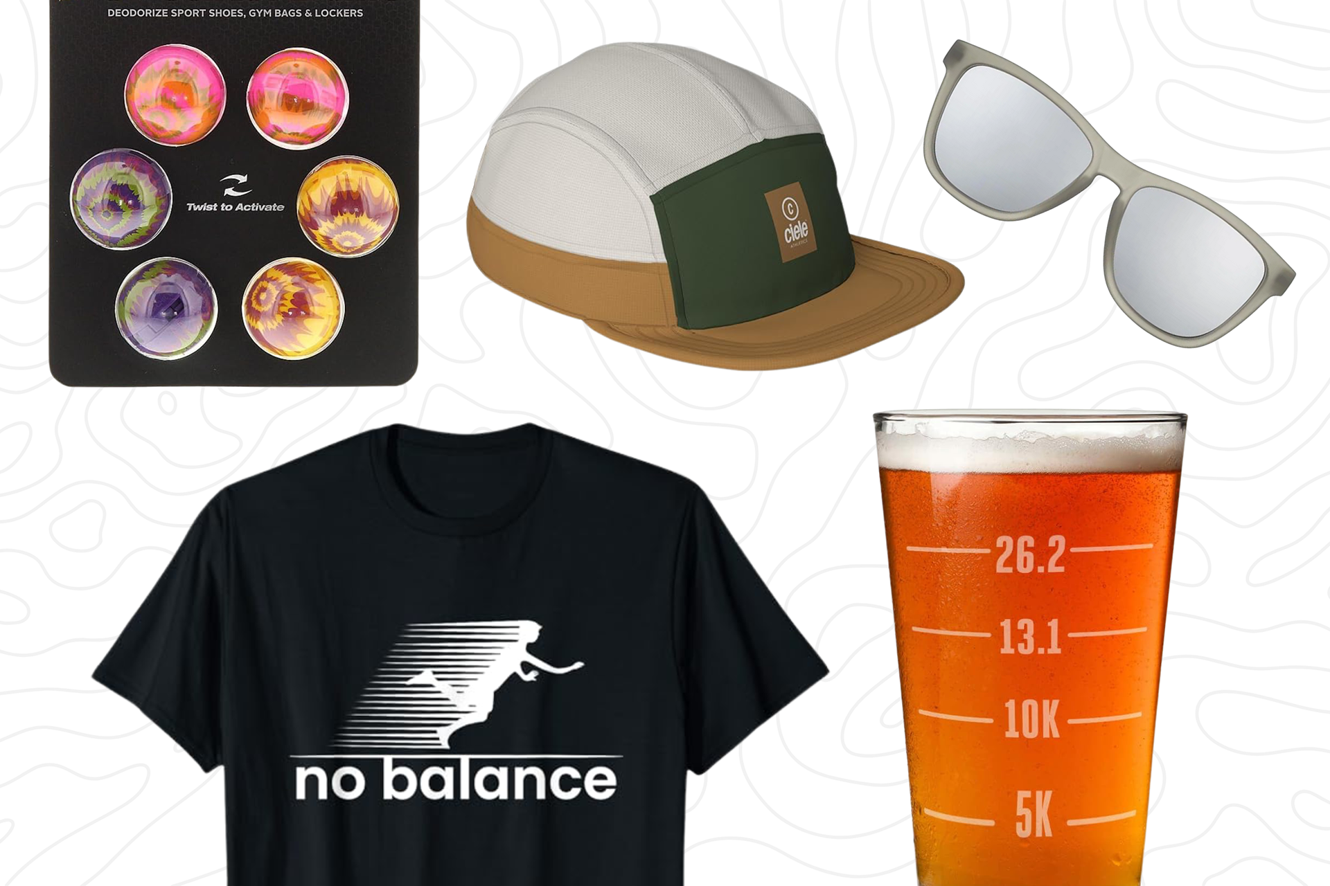 Pack of 6 sneaker deodorizing balls, a cap with white, tan, and green colorblock, grey polarized wayfarer sunglasses, black tee with white design with text no balance and a runner tripping, a pint glass with 5K, 10K, 13.1, and 26.2 distances