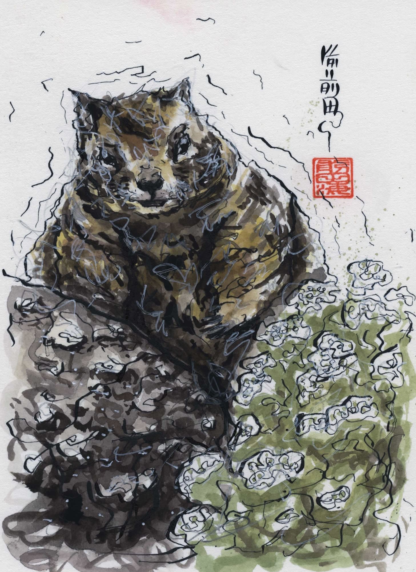 Lover's point squirrel | watercolor  and ink on paper | 5x7