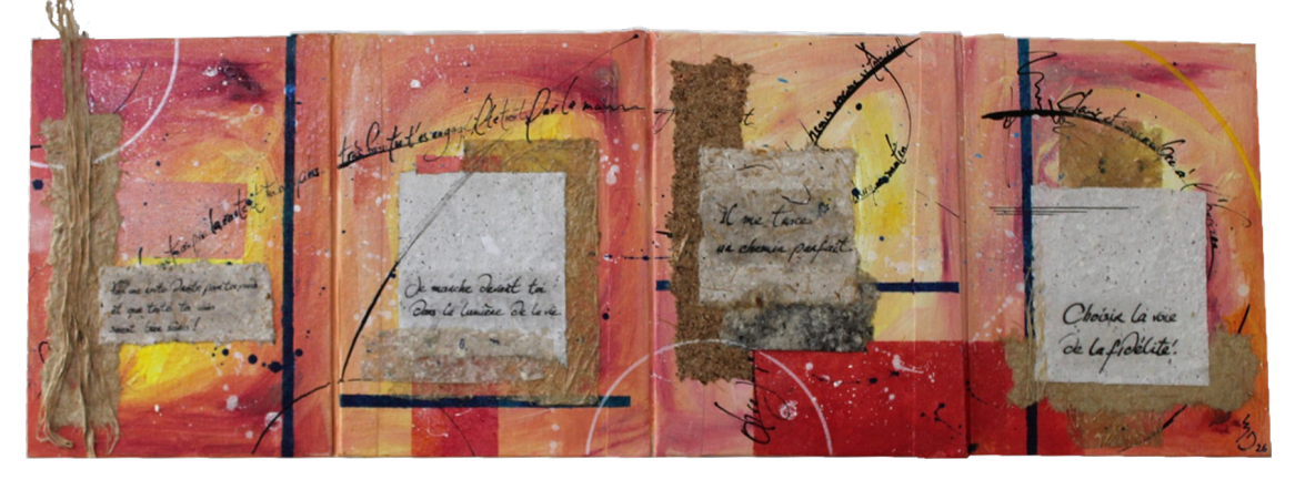 MIRELLA BONHEUR Parchemin 1, 2026, Série Livres-objets. Techniques mixtes, papier artisanal, 64,5 x 22 cm / 150€