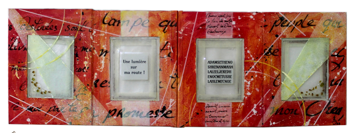 MIRELLA BONHEUR Parchemin 2, 2026, Série Livres-objets. Peinture acrylique, verre, peinture thermodurcissable, 64,5 x 22 cm / 170€