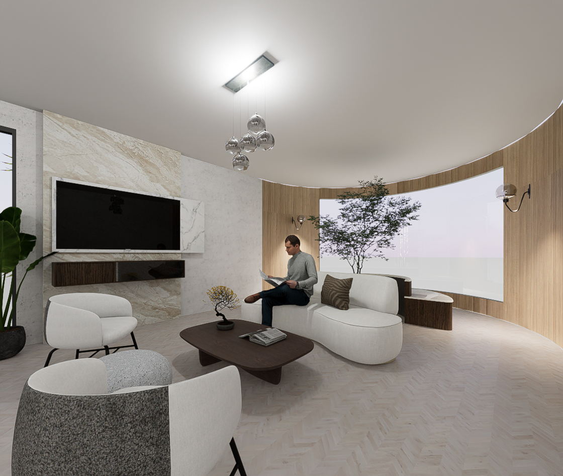Living room with live tree