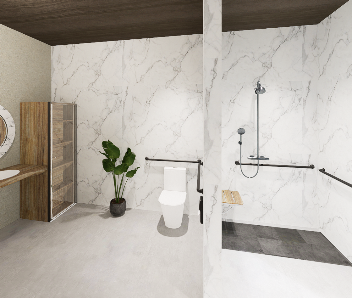 ADA water closet and roll-in shower