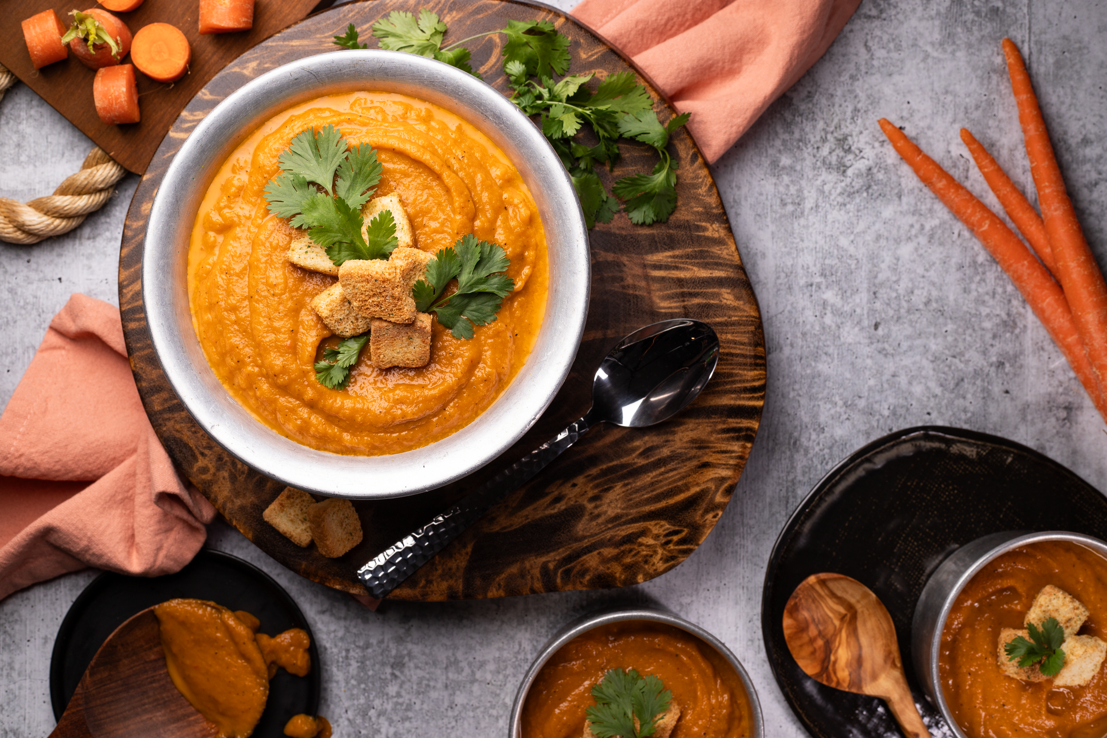 Spicy Smooth Carrot Soup w/ Housemade Croutons