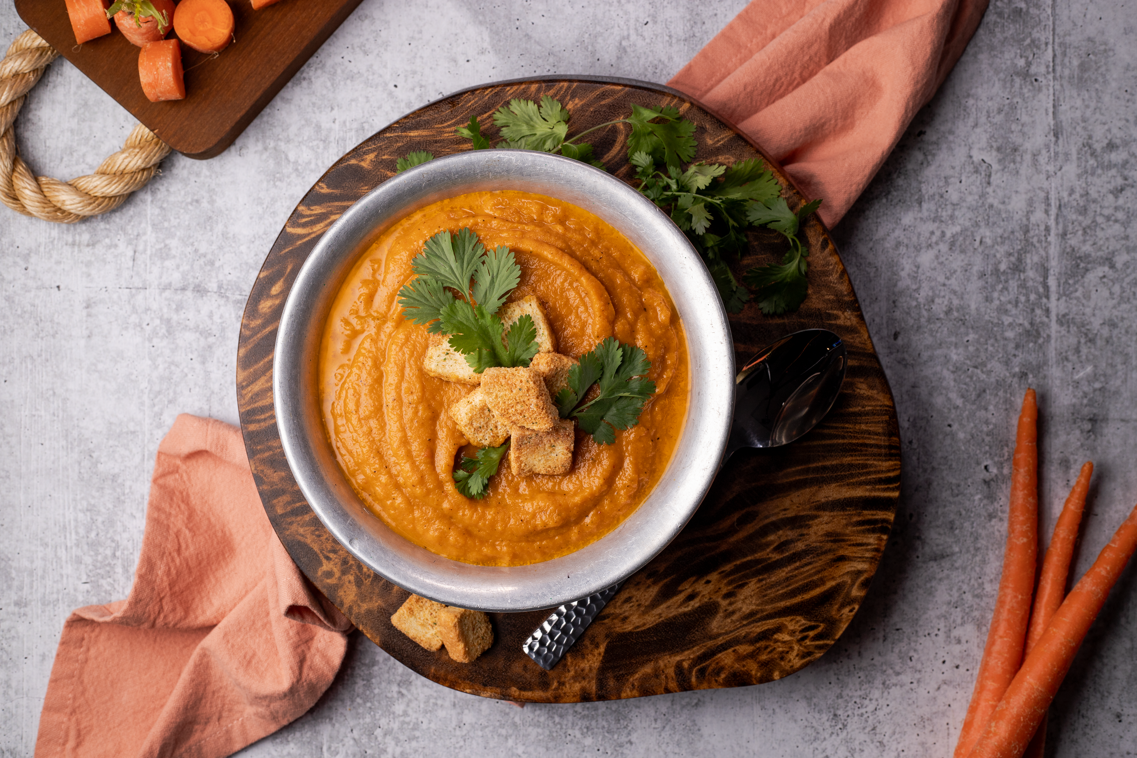 Spicy Smooth Carrot Soup w/ Housemade Croutons