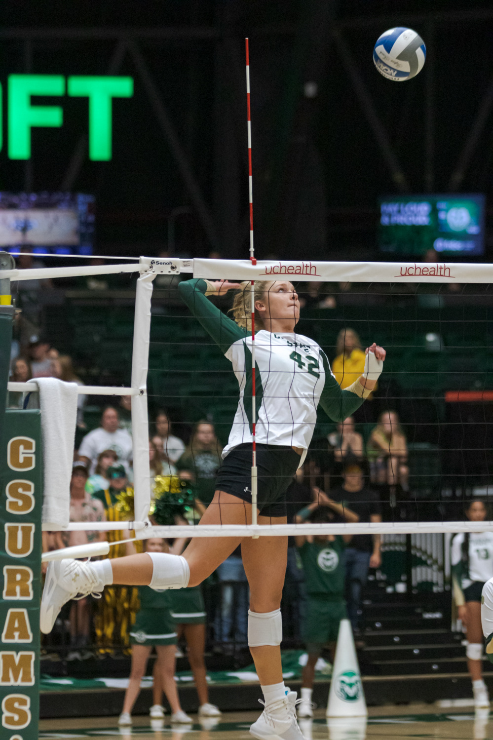 Colorado State University Middle Blocker Karina Leber (42) spikes the ball during the game against the University of Arkansas Sept. 1, 2022. Arkansas won 3-0.