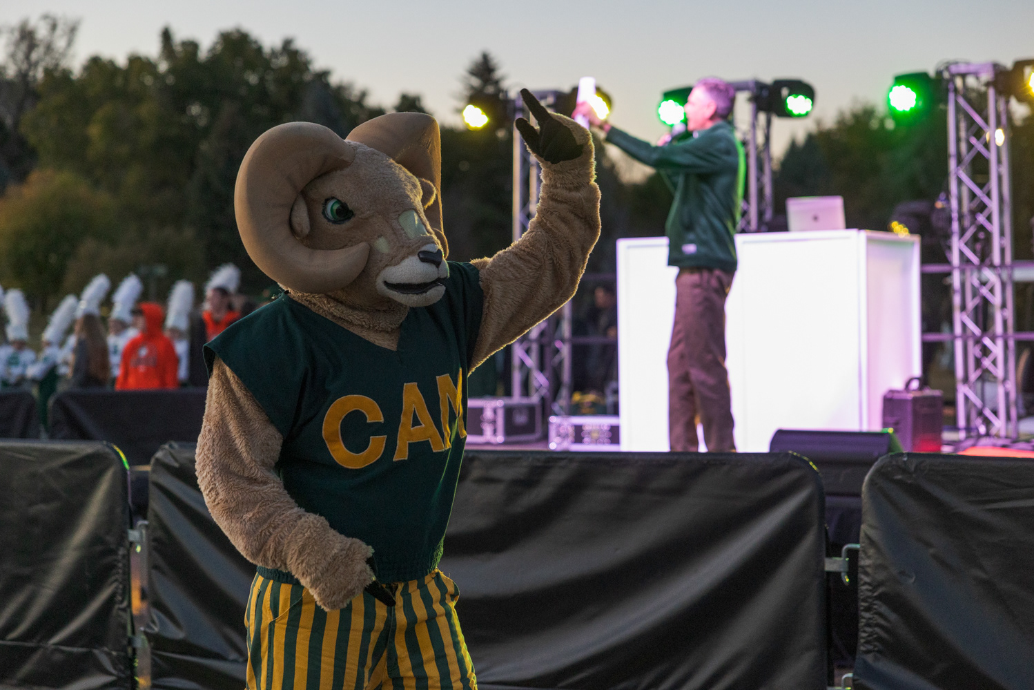Colorado State University CAM the Ram at Friday Night Lights Oct. 13. Part of CSU's homecoming celebration, the event features performances from the marching band, color guard and cheerleaders, as well as speeches from sports coaches, a bonfire, fireworks and a DJ performance.