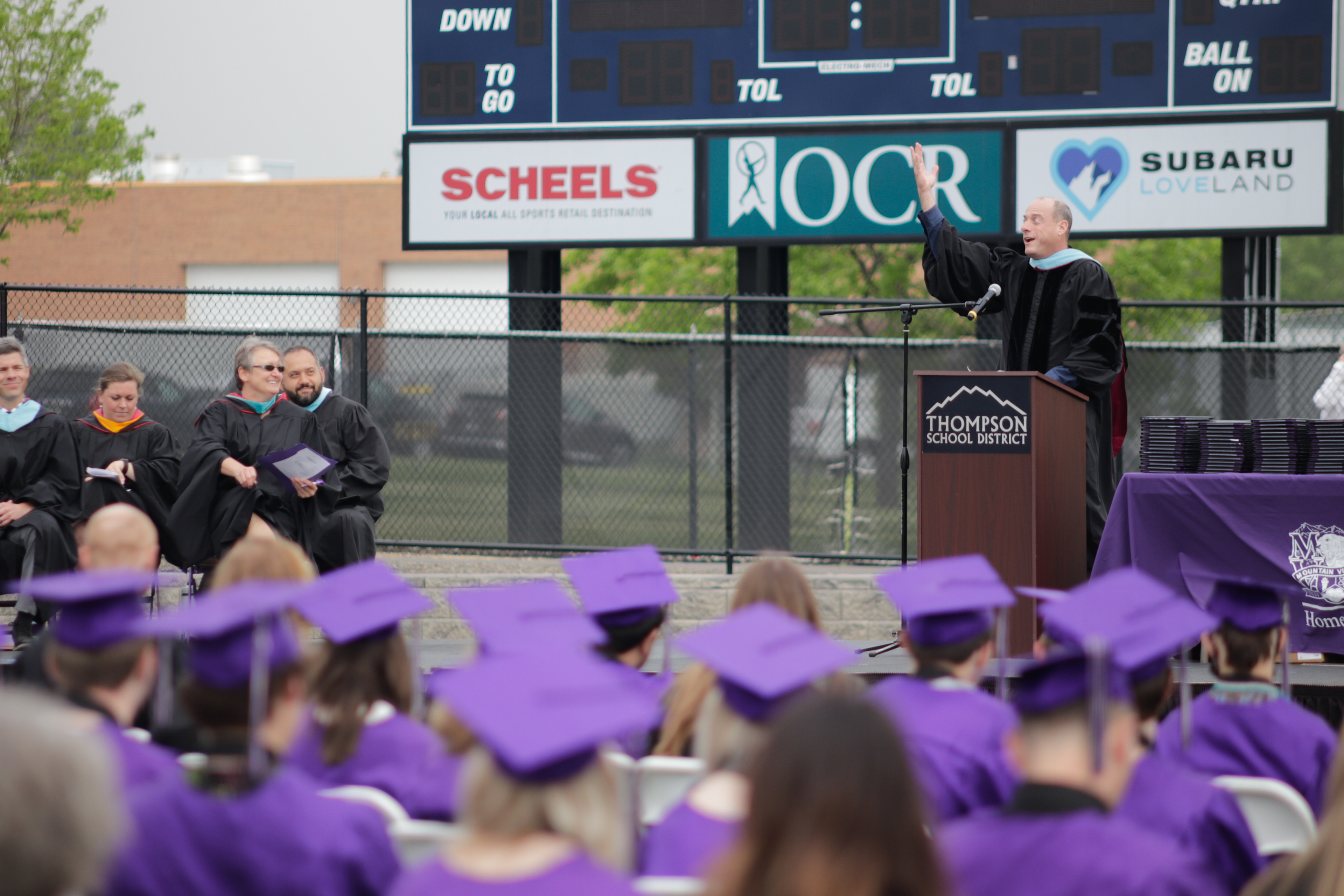 LOVELAND, CO - MAY 29, 2021: Thompson School District Superintendent Marc Schaffer speaks during Mountain View's graduation ceremony Saturday, May 29, 2021 at Patterson Field in Loveland. (Michael Marquardt/Loveland Reporter-Herald)