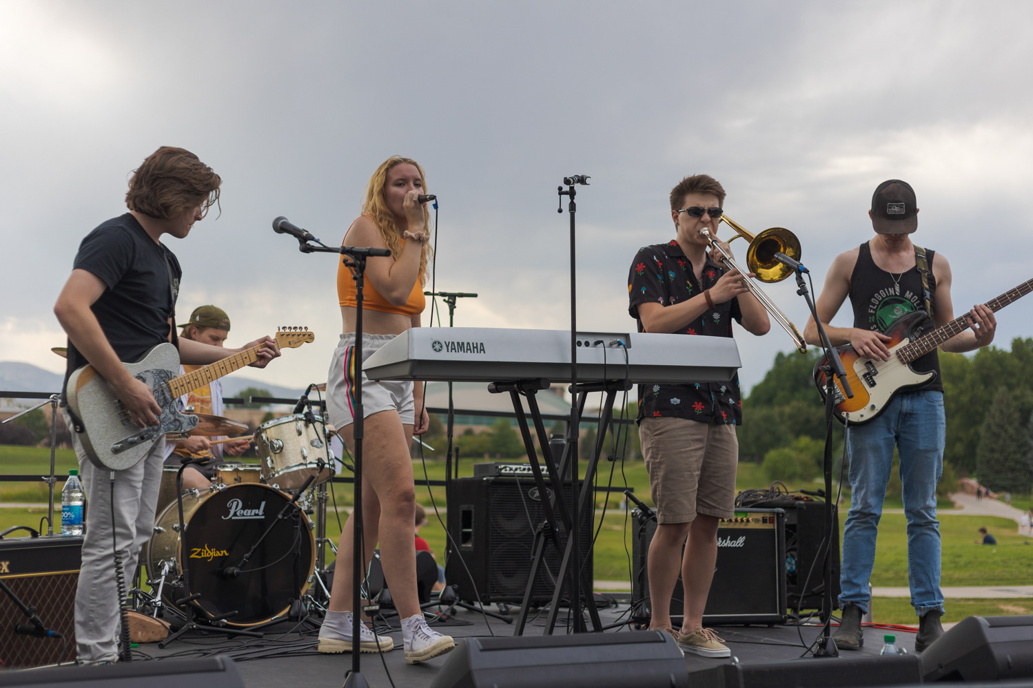 Michael Vanatta, Ethan Watne, Elena Anderson, Kyle Nakaji, and Karsten Gulsrud of Fort Collins, Colorado band LOUDHOUSE perform at the KCSU Battle of the Bands Sept. 8. Anderson said the band formed "about eight months" ago with Colorado State University senior Ethan Watne on drums, and Vanatta said the best part of performing is "just being able to play for the awesome people. These guys all love music and so do we. It's really just about sharing that experience with everybody."
