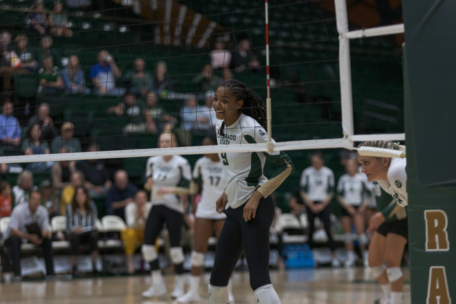 Colorado State University Middle Blocker Naeemah Weathers (9) smiles after scoring against the University of Nevada, Reno during the volleyball game Oct. 6, 2022. CSU won 3-0.