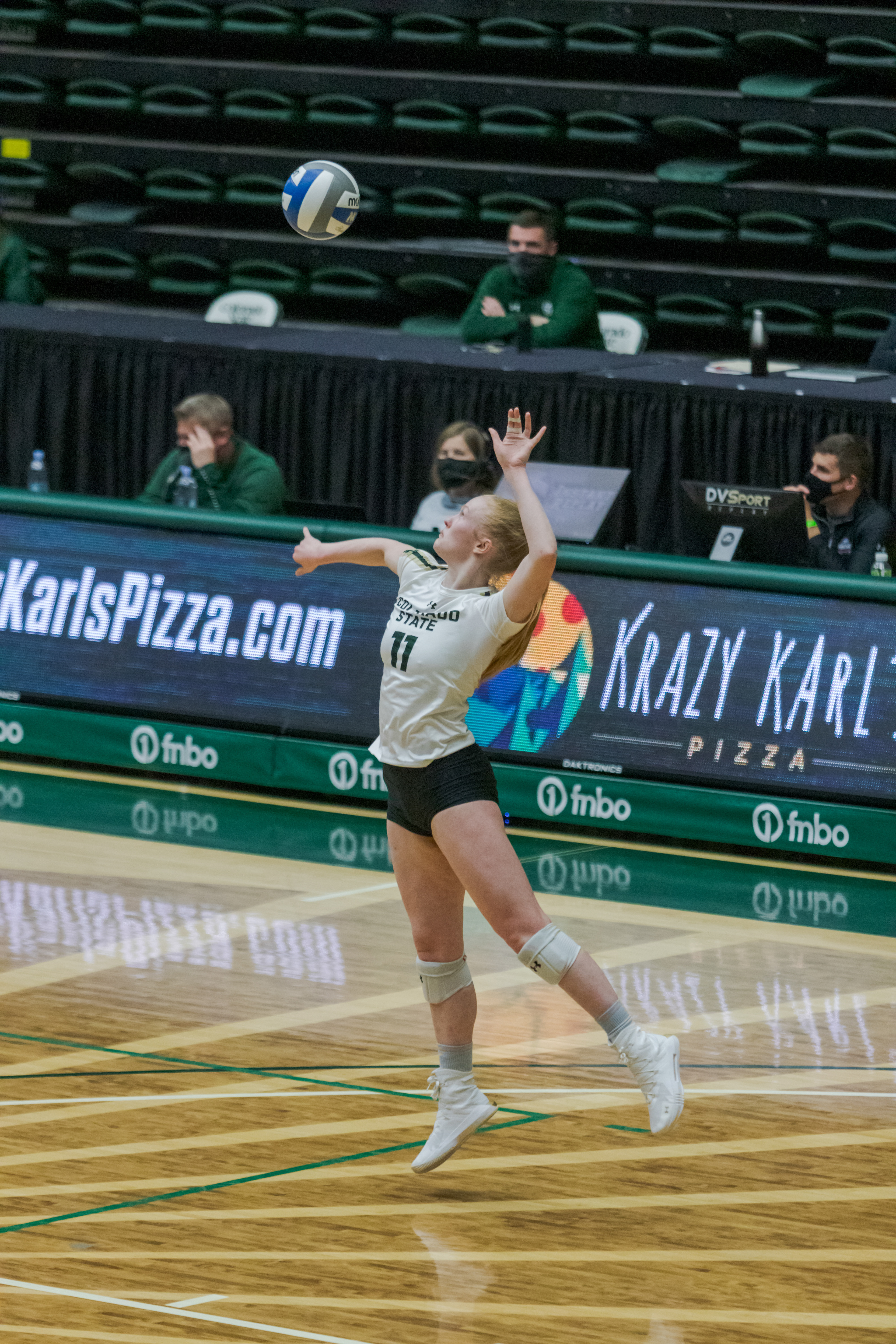 Colorado State University Setter Ciera Zimmerman (11) serves the ball during the game against Boise State University March 25, 2021. CSU won 3-1.