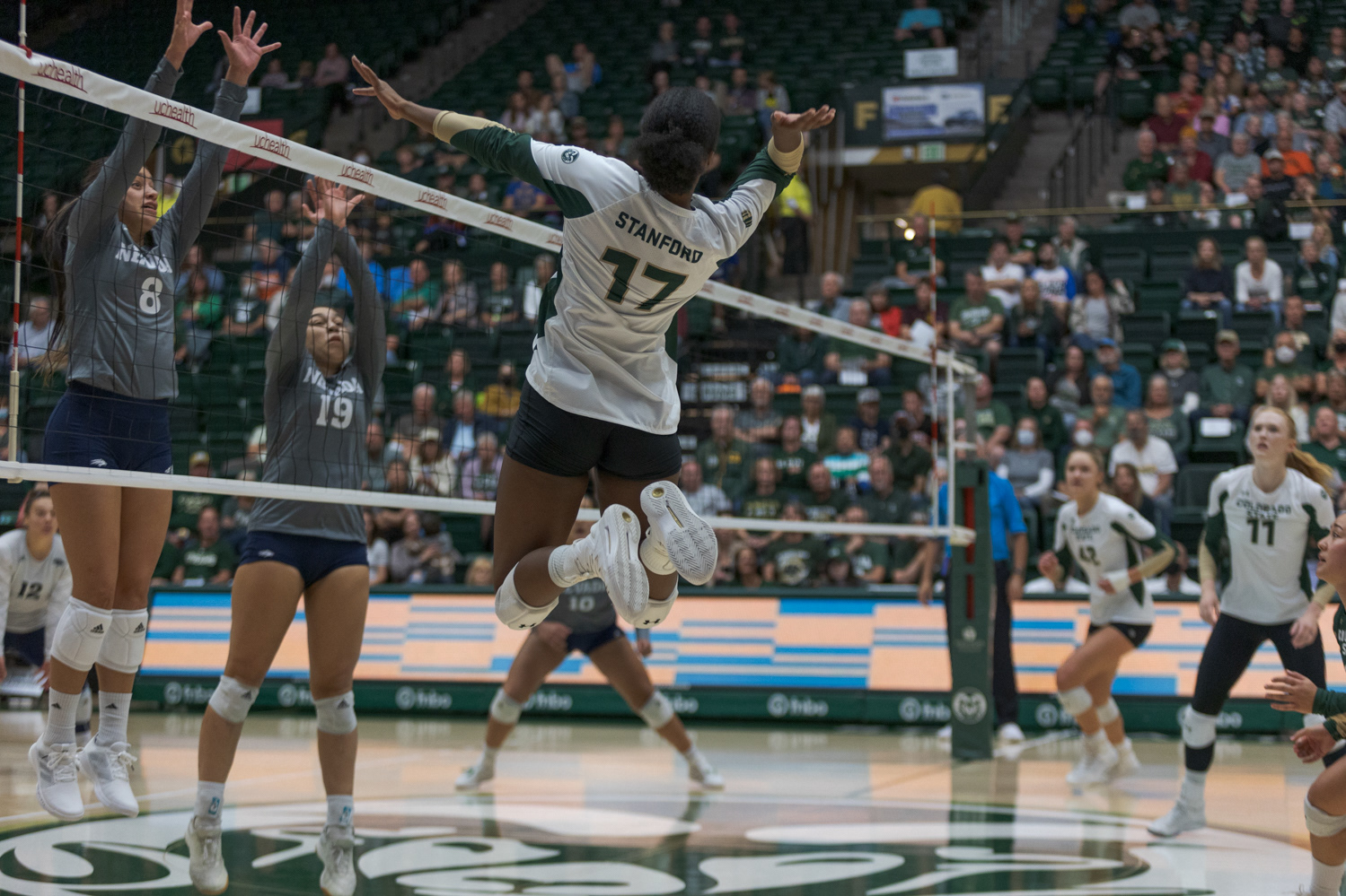 Colorado State University Outside Hitter Kennedy Stanford (17) jumps for the ball during the volleyball game against the University of Nevada, Reno Oct. 6, 2022. CSU won 3-0.