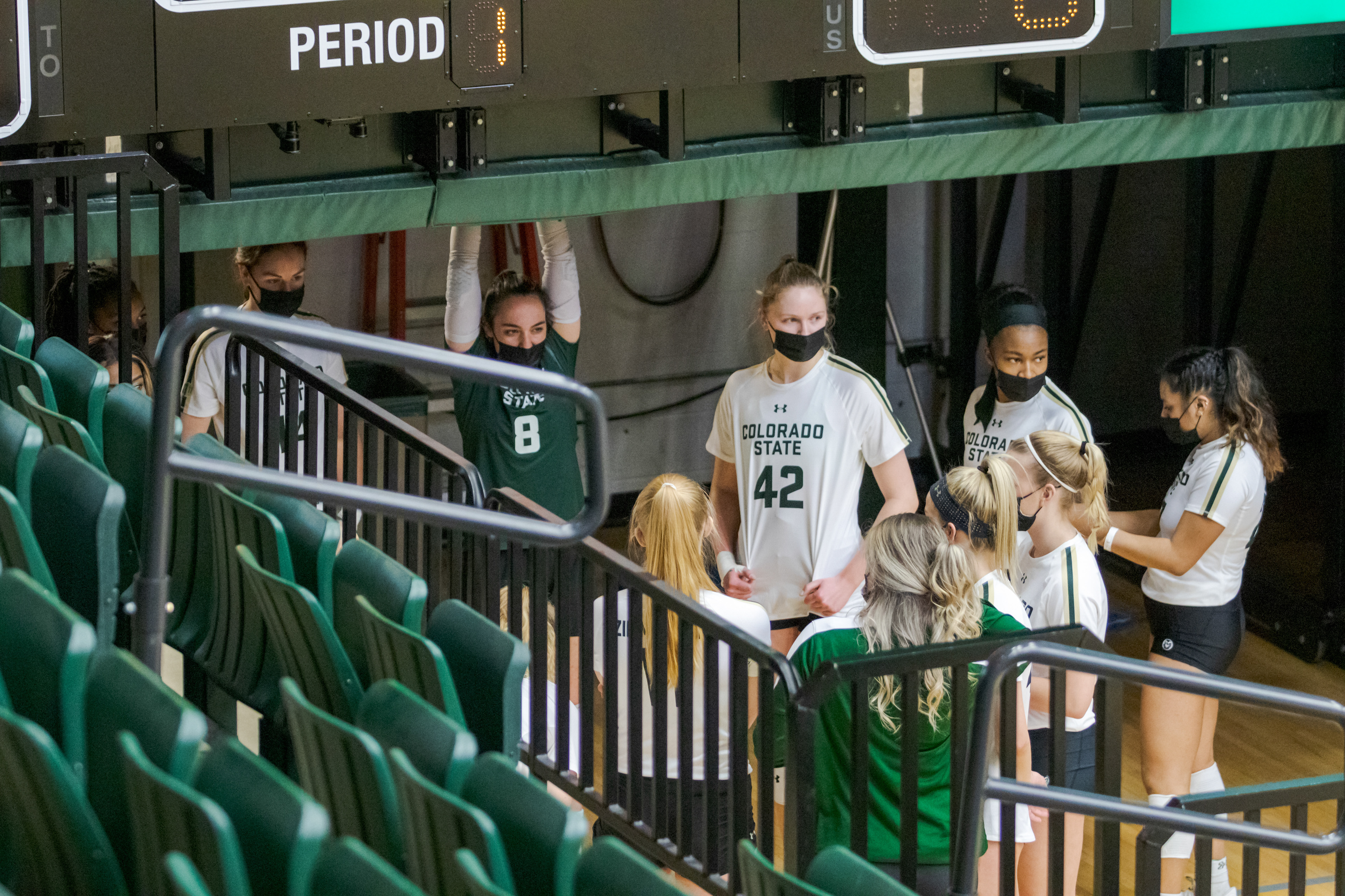 The Colorado State University women's volleyball team prepares to take the court against Boise State University at Moby Arena March 25, 2021. CSU won 3-1.