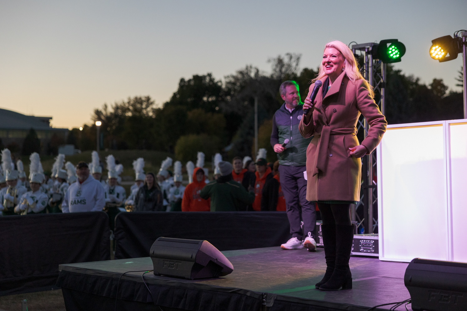 Colorado State University President Amy Parsons speaks at Friday Night Lights Oct. 13. at Friday Night Lights Oct. 13. Part of CSU's homecoming celebration, the event features performances from the marching band, color guard and cheerleaders, as well as speeches from sports coaches, a bonfire, fireworks and a DJ performance.