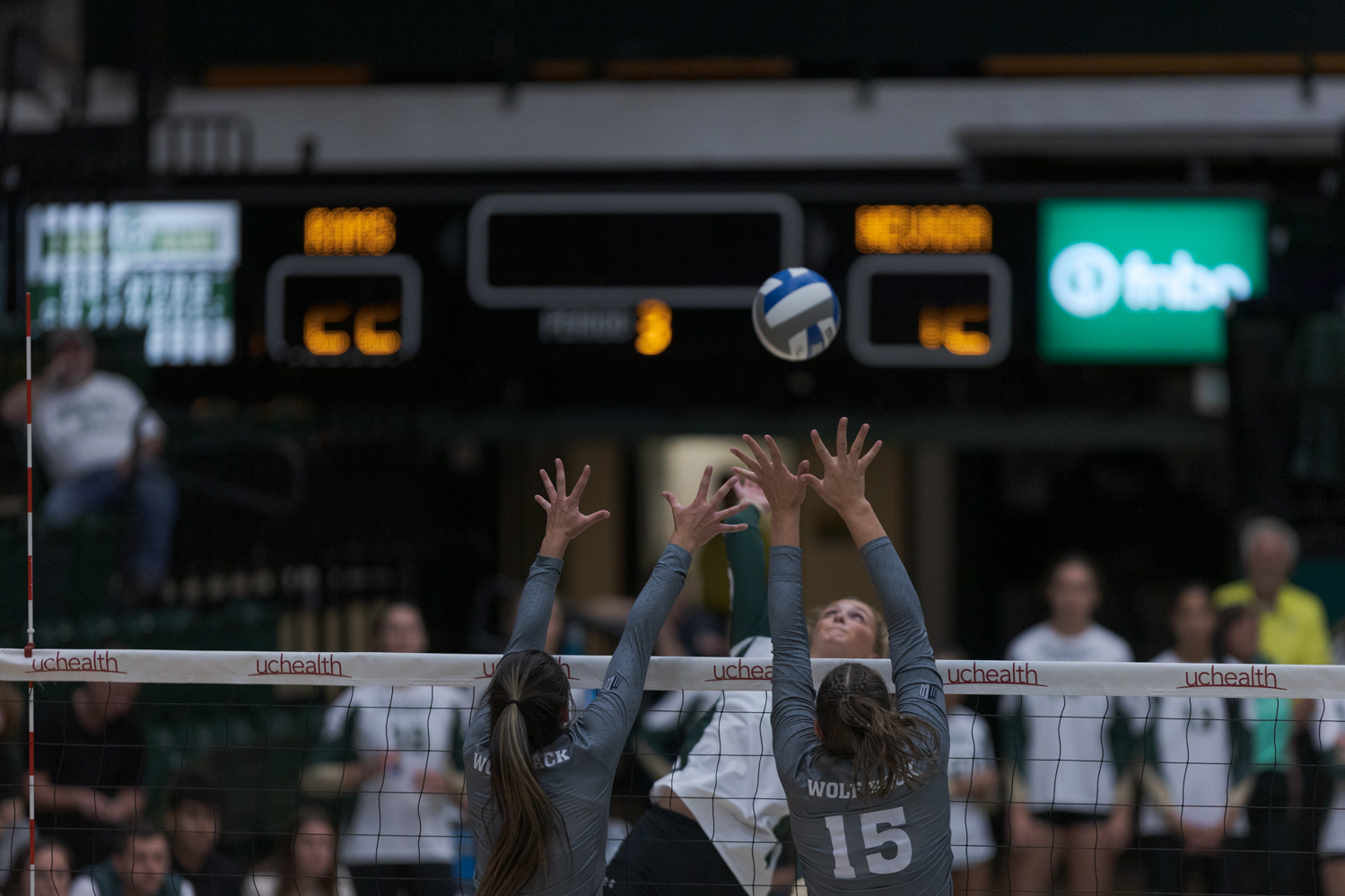 Colorado State University Outside Hitter Annie Sullivan (2) blocks the ball during the volleyball game against the University of Nevada, Reno Oct. 6, 2022. CSU won 3-0.