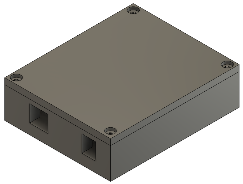Original enclosure prototype modeled in Fusion 360, designed to screw together and featuring "C.H.A.D." embossed on the back face. November 18, 2019.