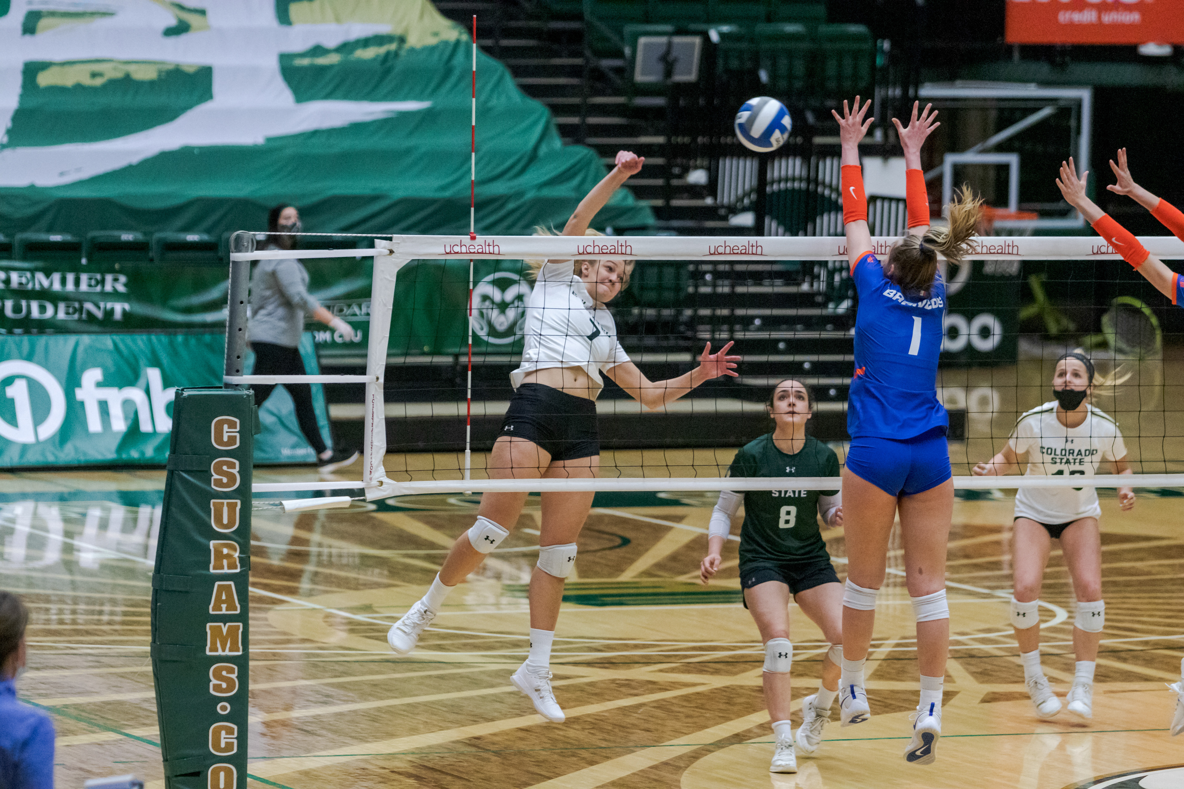 Colorado State University Middle Blocker Sasha Colombo (7) jumps for the ball during the game against Boise State University March 25, 2021. CSU won 3-1.