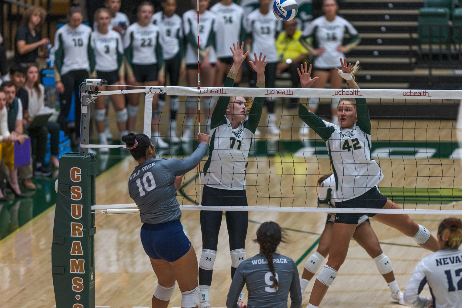 Colorado State University Setter Ciera Pritchard (11) and Middle Blocker Karina Leber (42) block the ball during the volleyball game against the University of Nevada, Reno Oct. 6, 2022. CSU won 3-0.