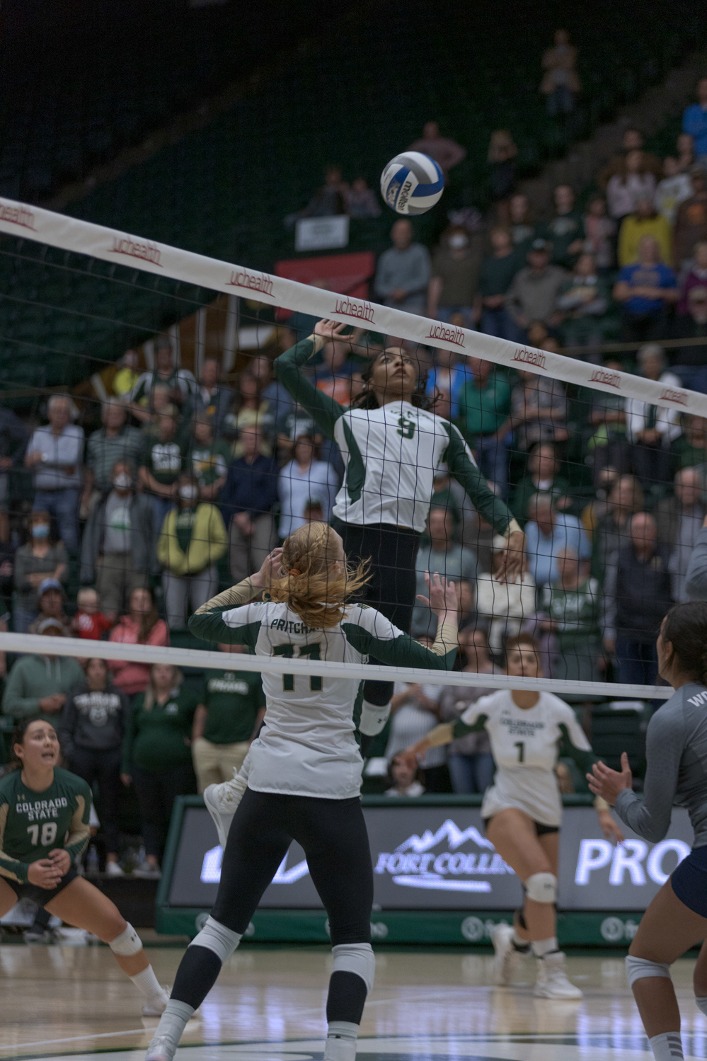 Colorado State University Middle Blocker Naeemah Weathers (9) spikes the ball during the volleyball game against the University of Nevada, Reno Oct. 6, 2022. CSU won 3-0 .
