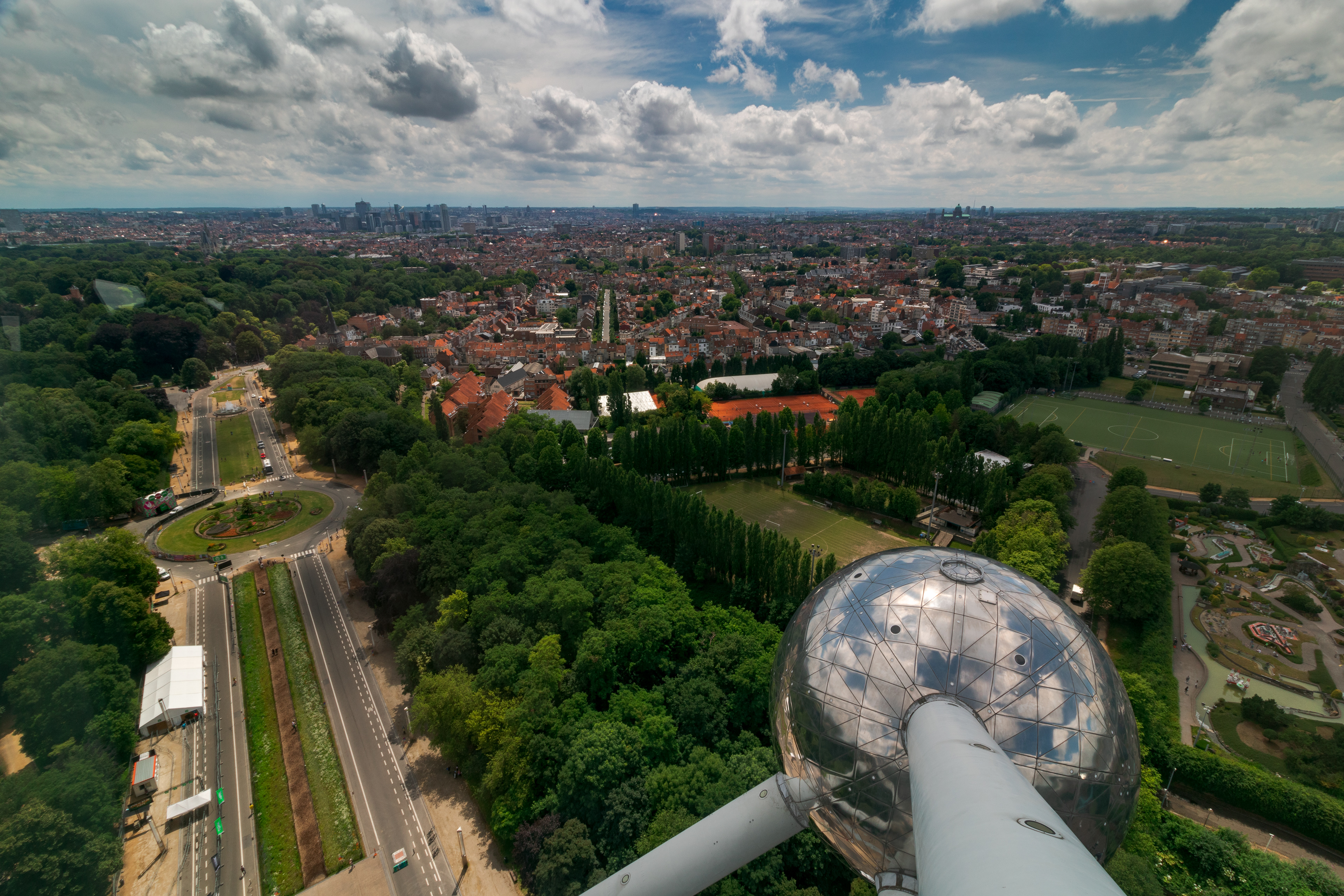 Brussels, Belgium from the top of the Brussels Atomium June 24. Built as the centerpiece for the 1958 World's Fair, the Atomium features an observation platform and temporary exhibition spaces.