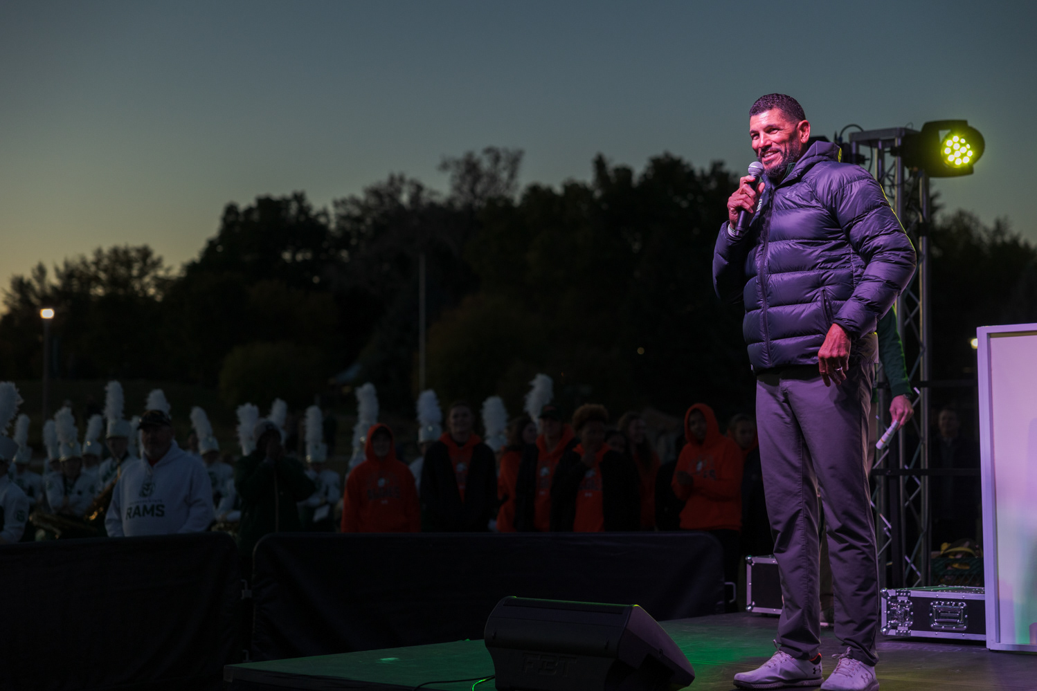 Colorado State University football coach Jay Norvell speaks at Friday Night Lights Oct. 13 ahead of the homecoming football game against Boise State University. "When I took the job here, one of the first things they told me is we've never beat Boise," Norvell said. "I want to tell you that I have!"