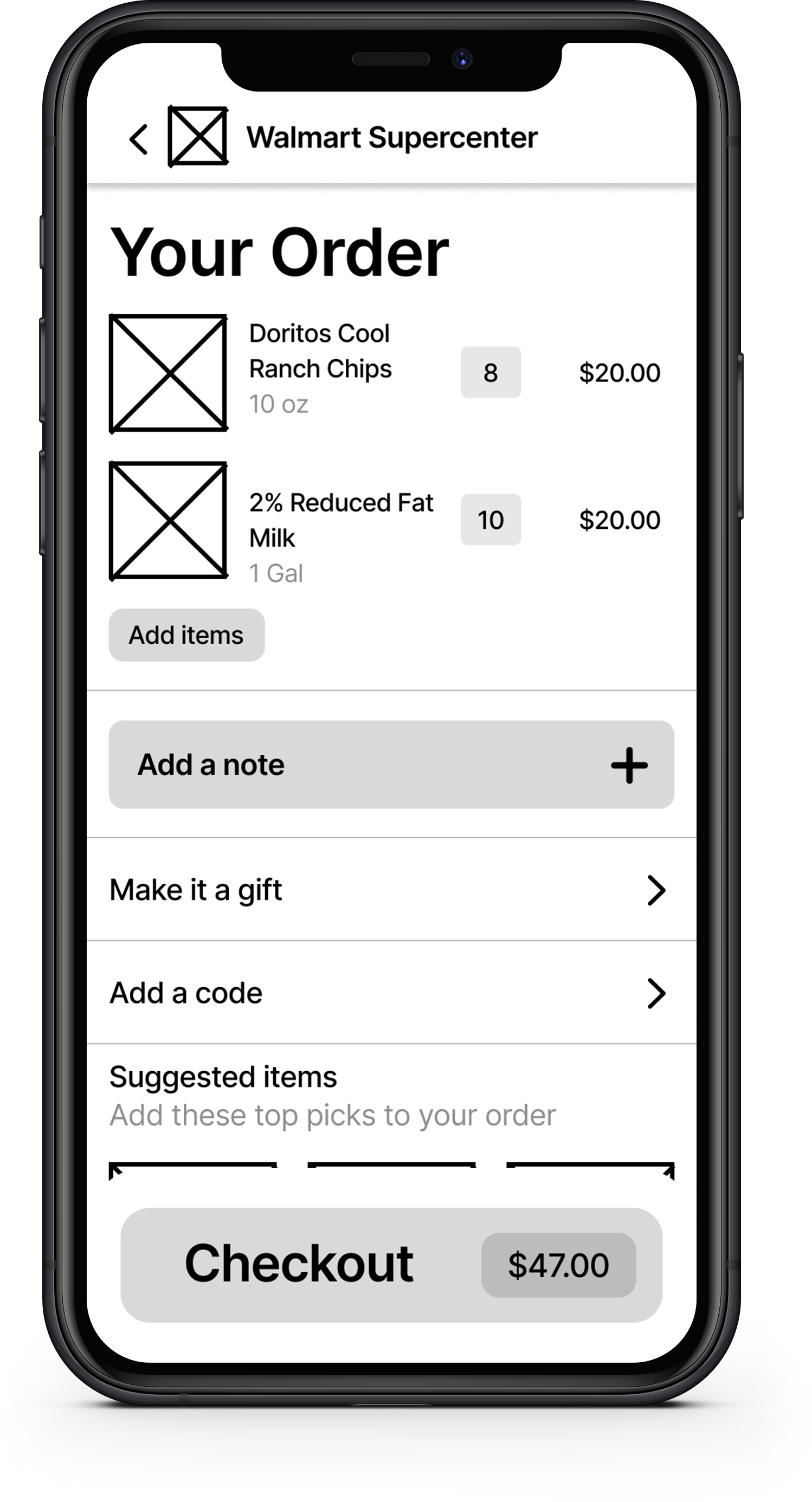 Digital Wireframe for App Cart Page