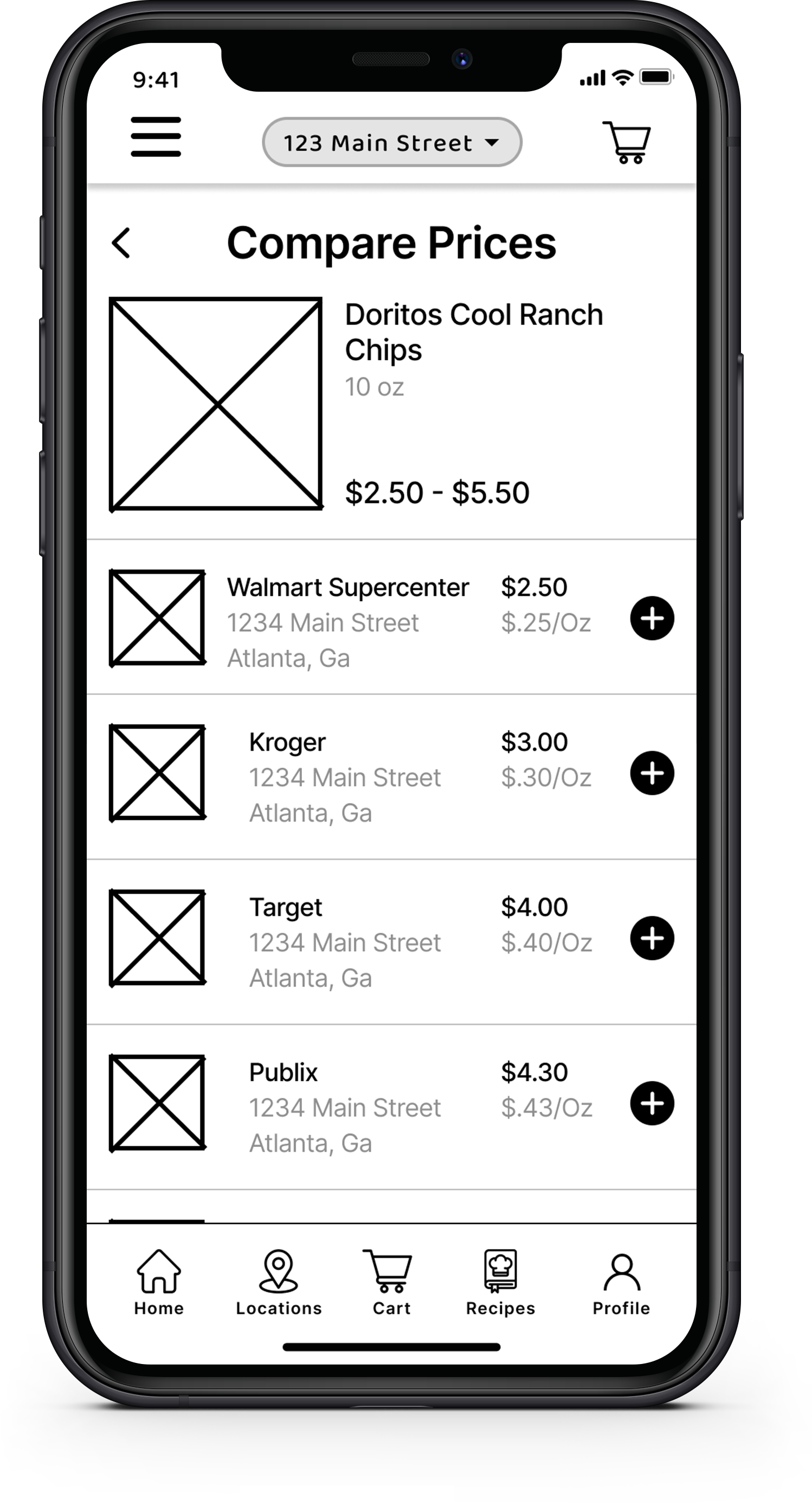 Digital Wireframe for App Compare Prices Page