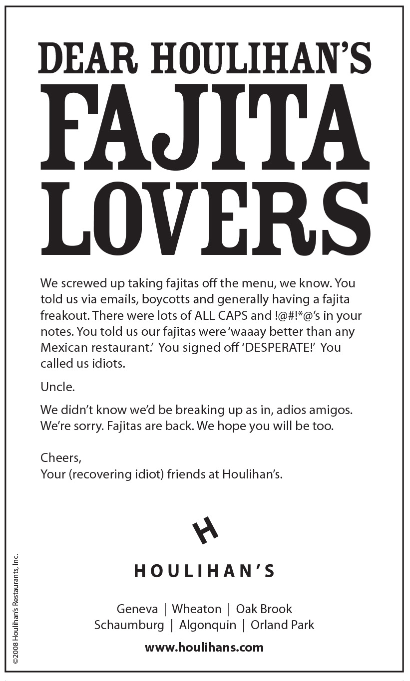 "Sorry about taking fajitas off the menu" ad for Illinois franchisee