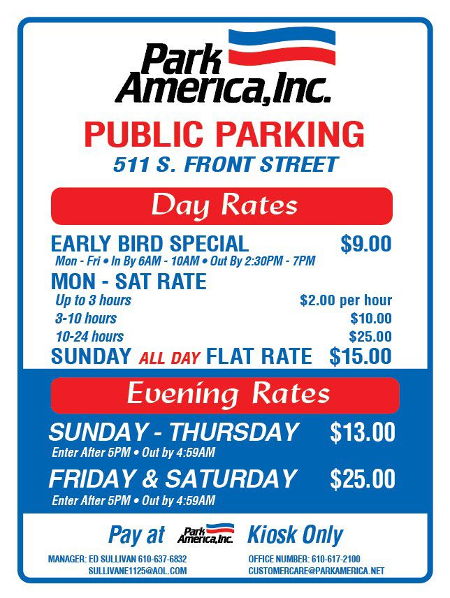 Clean, high-visibility informational rate signage for a commercial parking facility, prioritizing clear typographic hierarchy, color-coded rate zoning and immediate legibility for vehicular traffic.