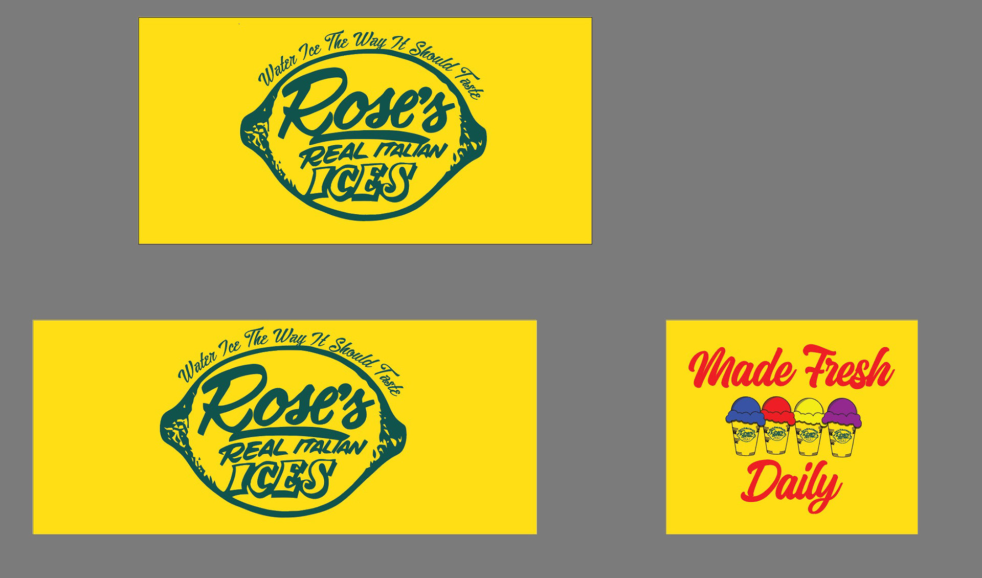 High-visibility vehicle window vinyl decal layout for Rose's Real Italian Ices featuring high-contrast yellow-and-green branding, lemon emblem vector graphics, vibrant water ice illustrations and bold script typography engineered for maximum roadside legibility.