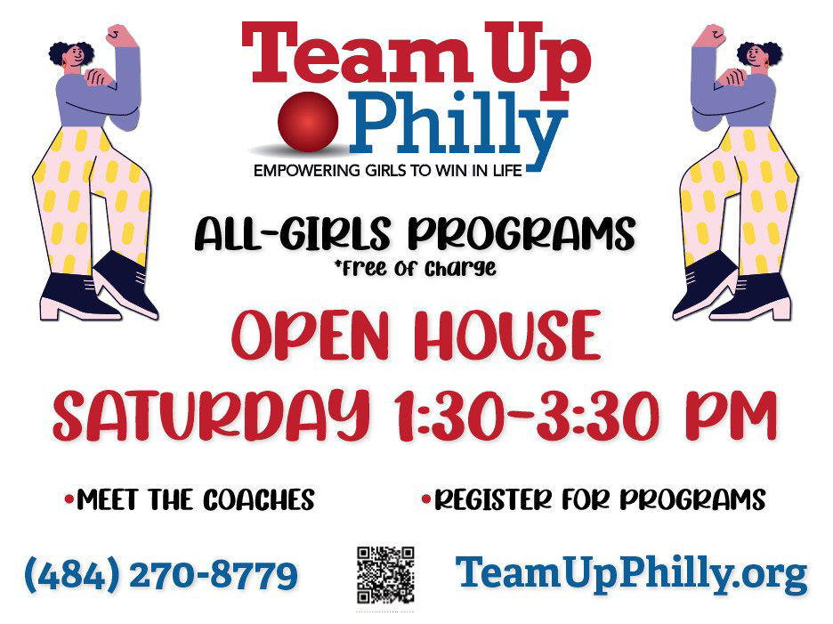 Event promotional banner for Team Up Philly—combining energetic vector illustration, high-contrast typography, and seamless QR-code integration to drive community engagement.