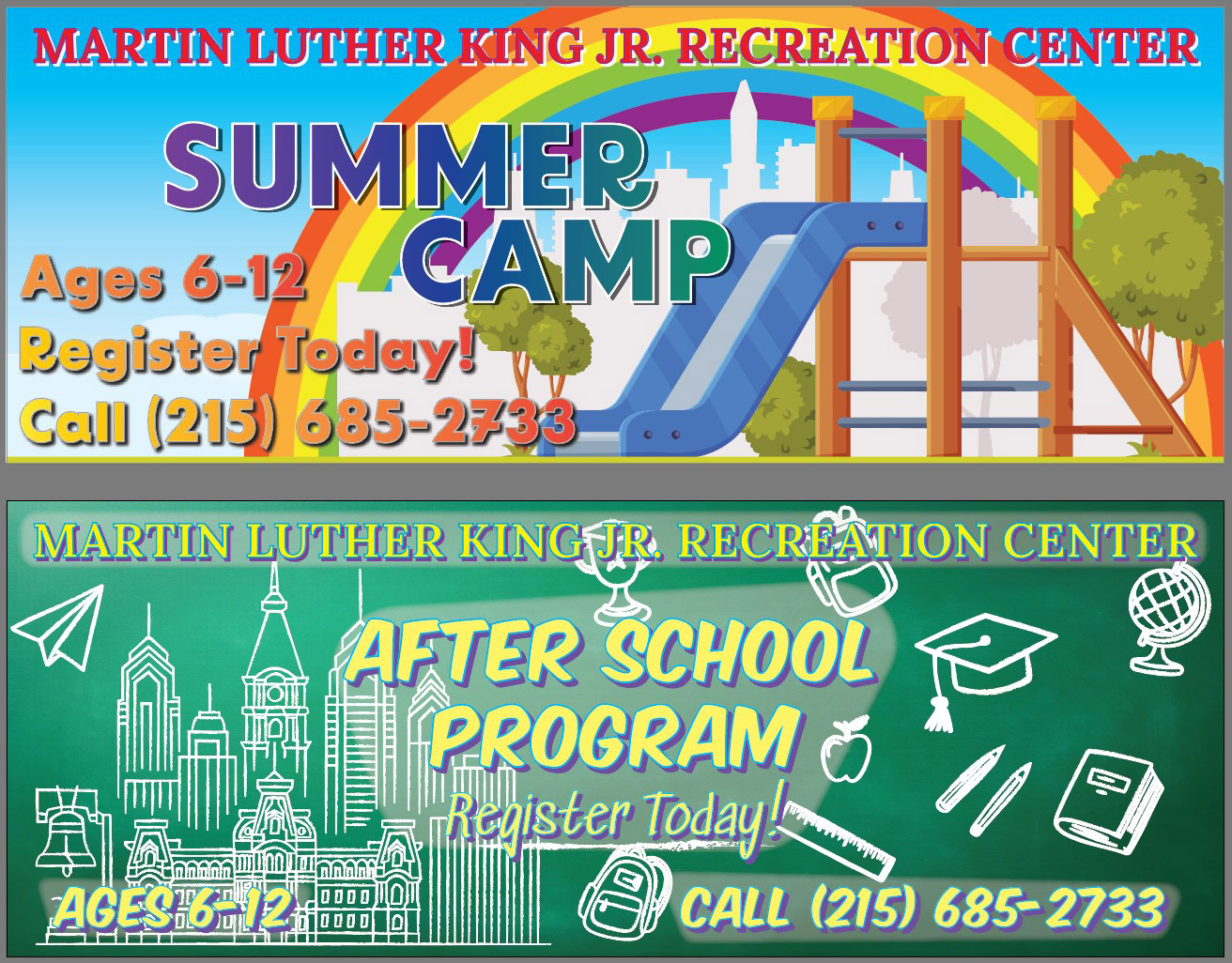 Large-format vinyl banner designs for the MLK Jr. Recreation Center—balancing high-legibility municipal branding with playful, community-focused visual storytelling.