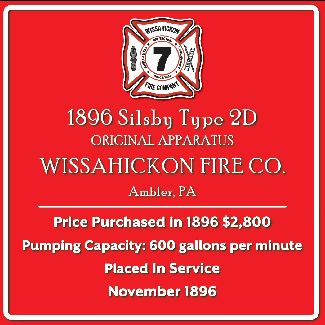 Historical commemorative display sign for the Wissahickon Fire Company—combining traditional civic insignia, high-contrast drop-shadow typography, and structured historical specifications.